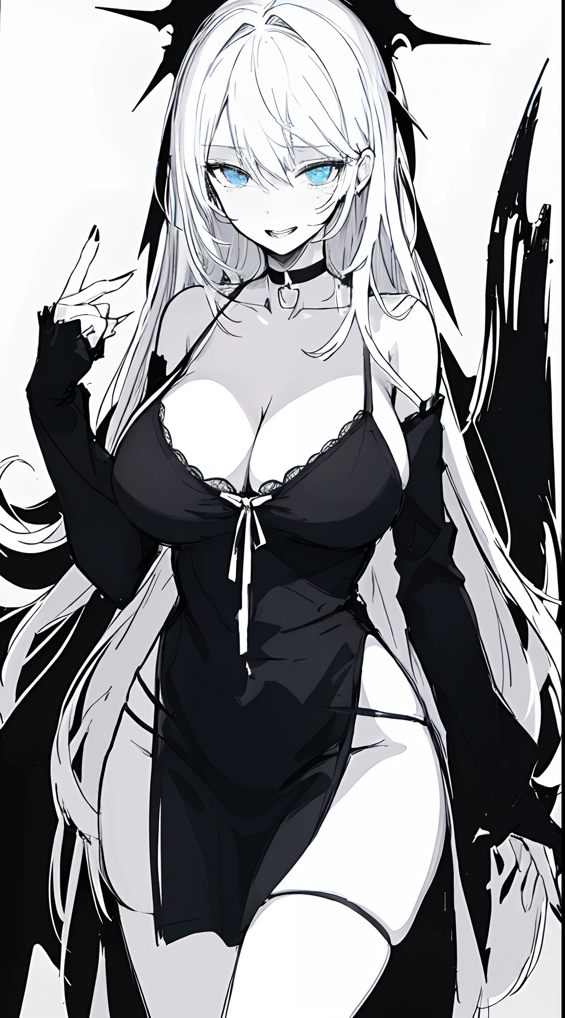 Stunning girl, Detailed blue eyes, erotic expression, white hair, big breasts, wide hips, slim body, black nightdress, black choker, (Black and white, sketch), black background, hentai, simple poster, ((negative space)),