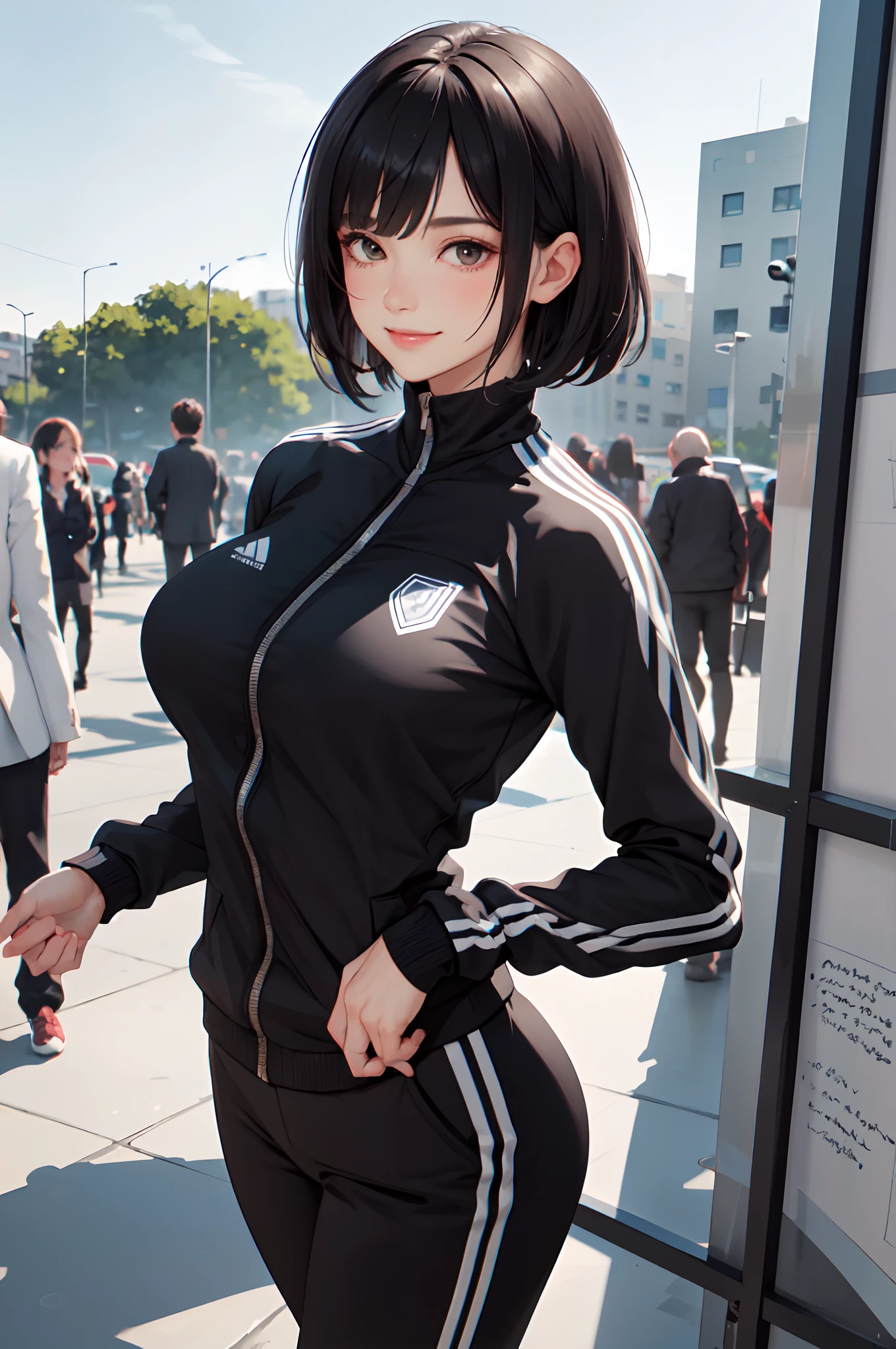 1lady standing, mature female, /(stylish tracksuit long sleeve/) pants, /(black short hair/) bangs, blush kind smile, (masterpiece best quality:1.2) delicate illustration ultra-detailed, large breasts, arms down BREAK /(pubric park outdoors/), detailed background