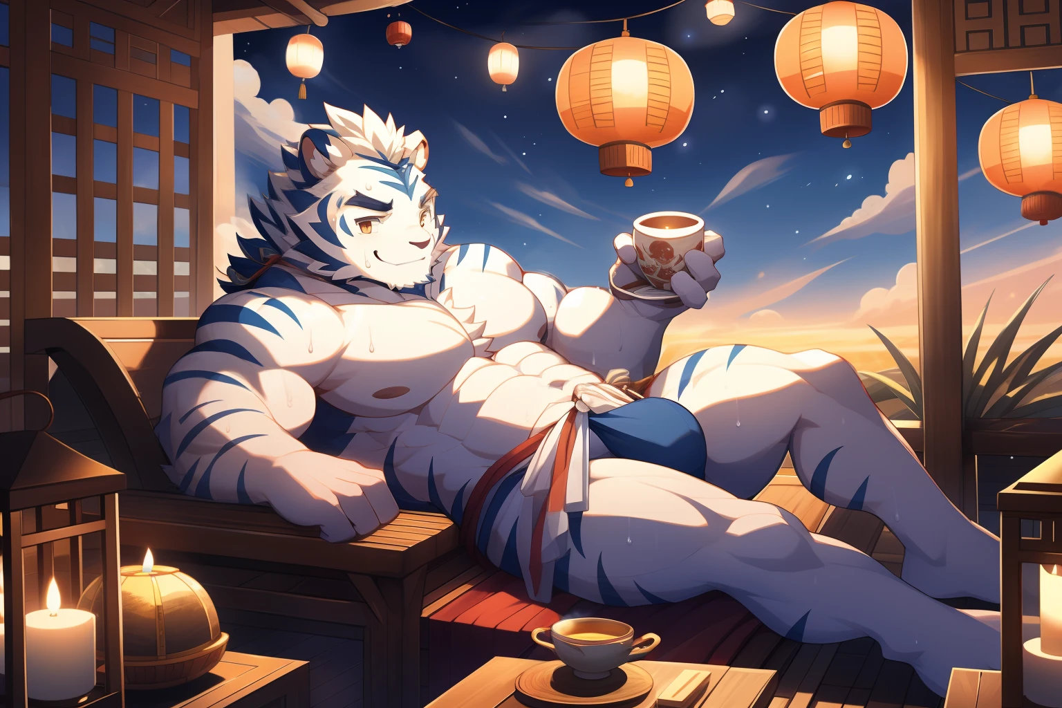 tmasterpiece,the night,Anthropomorphic white tiger,male people,26 year old,Thick eyebrows,Light blue fur,Strong body,large pecs,bare full body,white fundoshi,medium bulge,Recline on a lounge chair,Drinking tea,There are mooncakes next to it,open air,fog atmosphere,sweat leggs,ssmile,Be red in the face,looking toward the viewer,Golden pupils,Strong,Solo,fully body photo,A huge full moon in the sky,Auspicious clouds,green plant,Kongming Lantern,Red candles,Classical Chinese courtyard