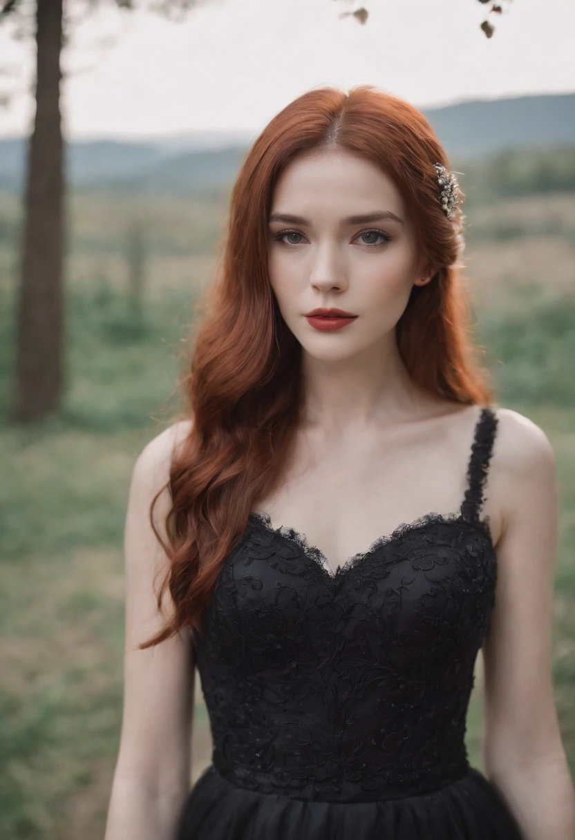 Red long-haired,Wearing a black wedding dress,black heels,rosette,Slender and graceful, Beautiful, super sharp focus, realistic lens, Four colors (Scar:1.4)