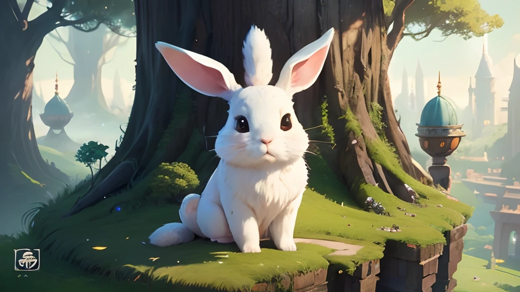 There is a rabbit sitting in the castle in the sky, Cute detailed digital art, baiyun，Flying elves，Lush osmanthus trees，Ancient men cut down trees，lovely digital painting, a moogle in the legend of korra, cyril rolando and goro fujita, trending on cgstation, CGSesociety， wojtek fus, cgsociety contest winner!!, 4k highly detailed digital art