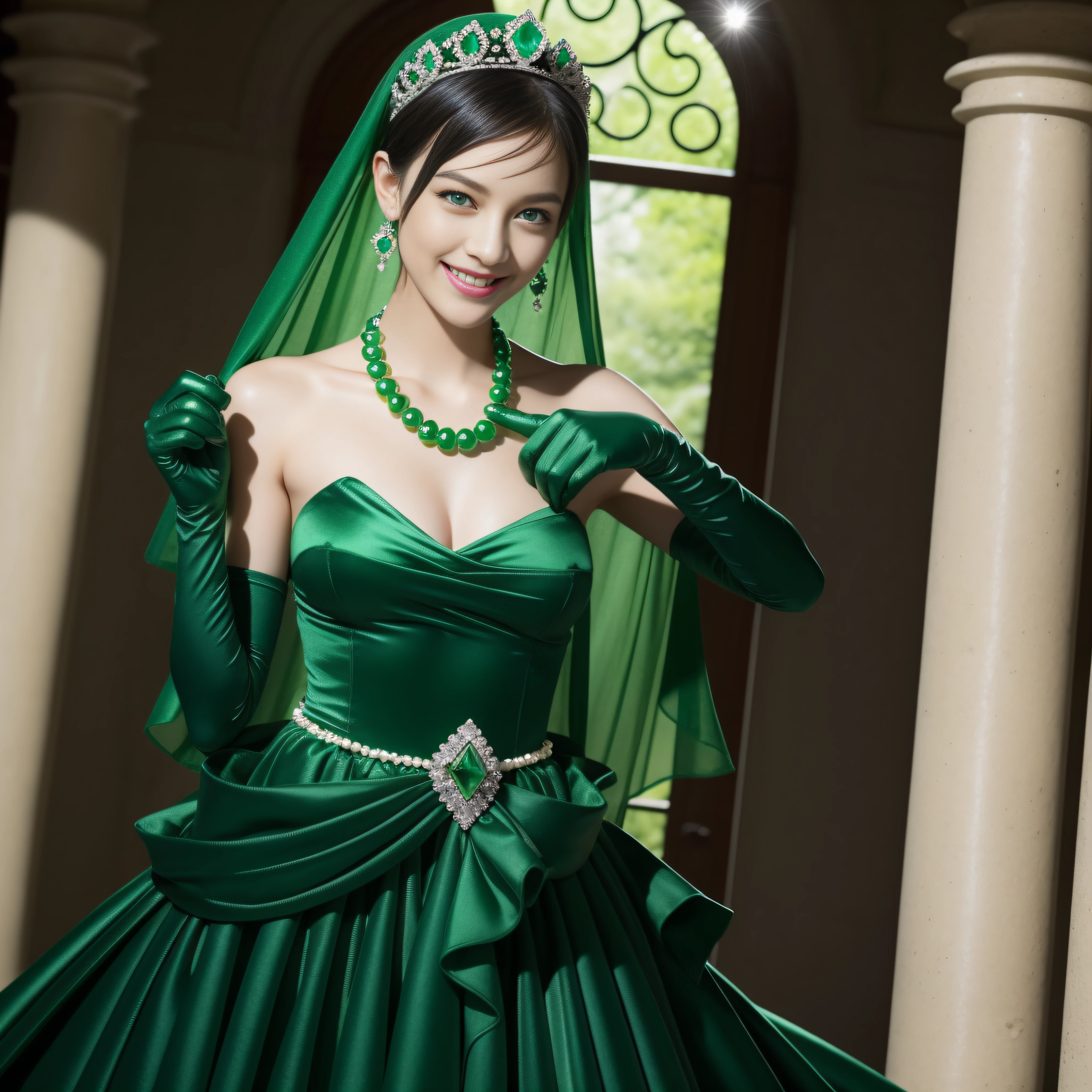 emerald tiara, Green Pearl Necklace, Boyish very short black hair, lipsticks, Japan woman smiling, very short short hair, big breasts beautiful, Green eyes, Long green gloves made of satin material, Green eyes, Emerald Earrings