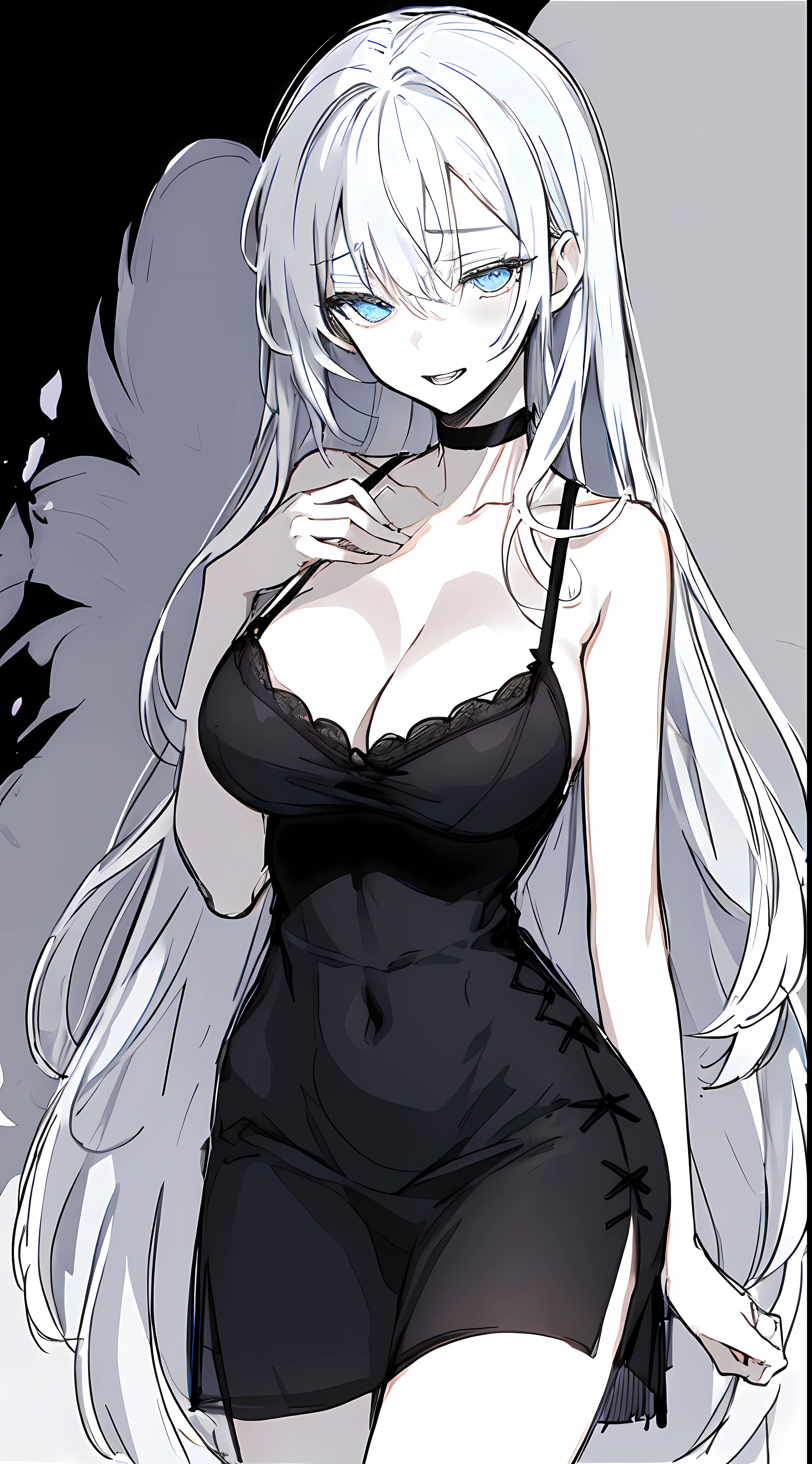 Stunning girl, Detailed blue eyes, erotic expression, white hair, big breasts, wide hips, slim body, black nightdress, black choker, (Black and white, sketch), black background, hentai, simple poster, ((negative space)),