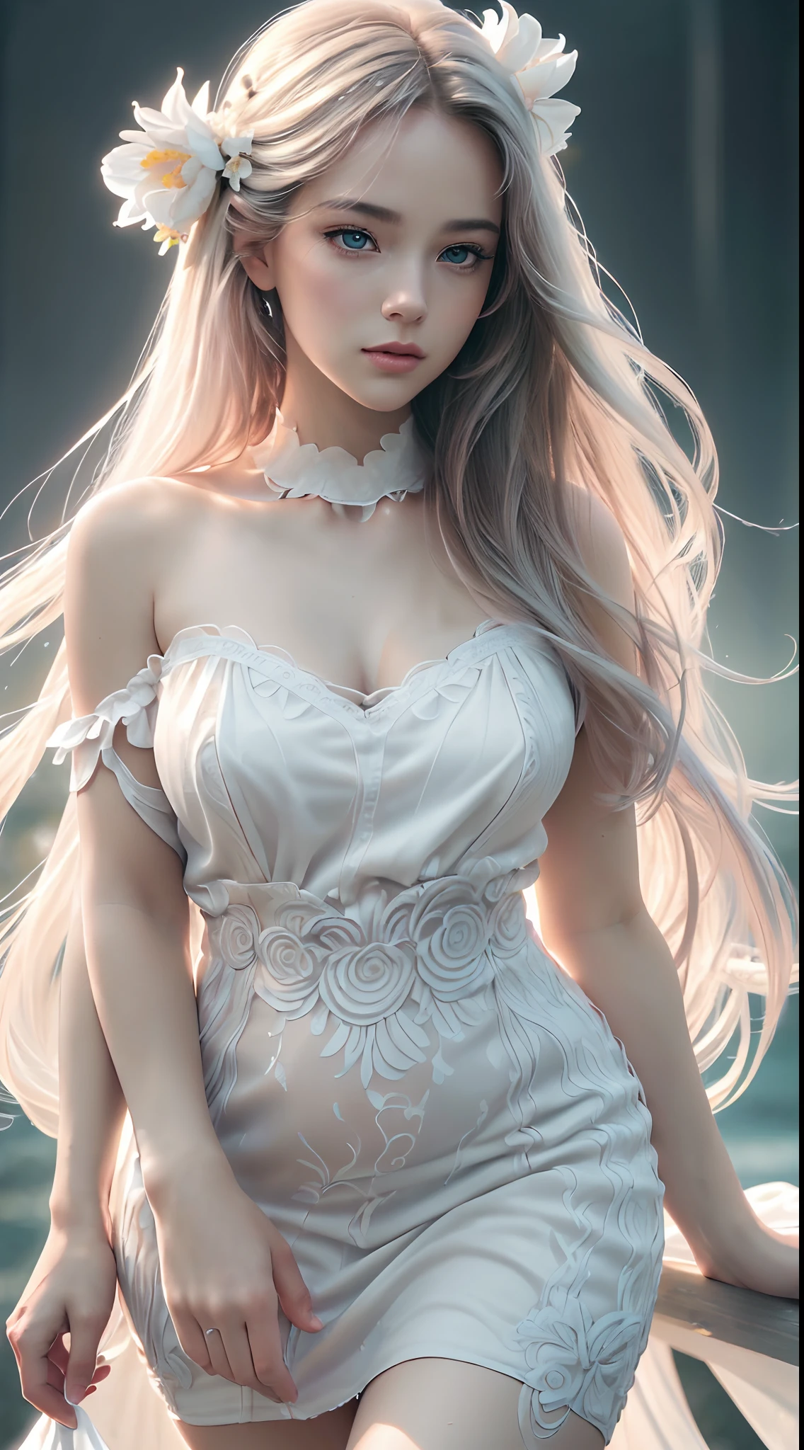 (Best quality,4K,8K,A high resolution,Masterpiece:1.2),Ultra-detailed,(Realistic,Photorealistic,photo-realistic:1.37),sportrait,Women,Long flowing hair,Off-white iris,vacant gaze,Plump pink lips,The ends of the hair have white flowers,Graceful figure,Medium shot,Black dress.Delicate long legs