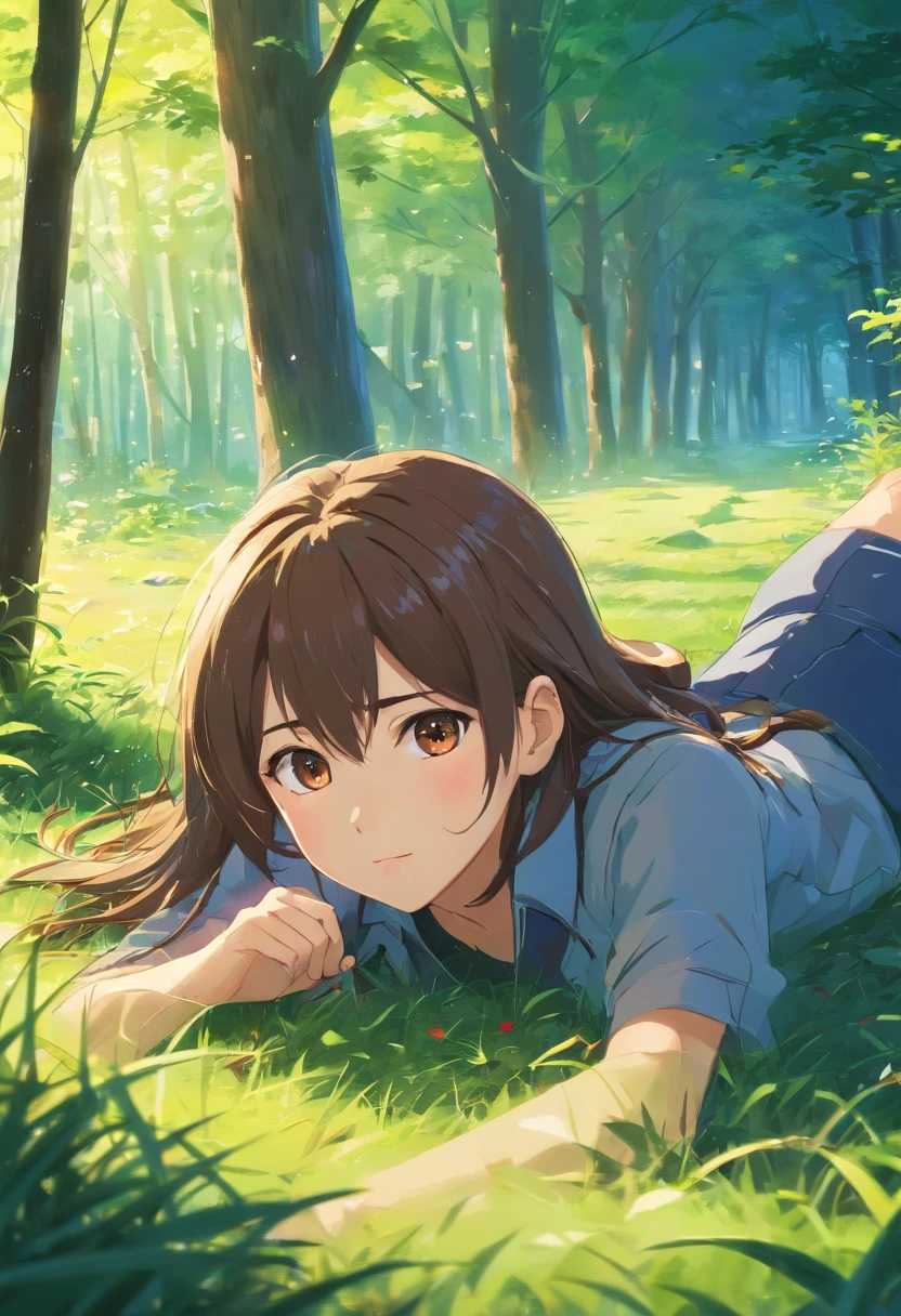 (Best Quality, hiquality:1.3), computer graphics, dramatic  lighting, Highly detailed, A  girl, with loose hair, Brown hair, in the woods, Lies, A lot of blood, Died, teardrops, covered eyes, lying on his stomach on the grass