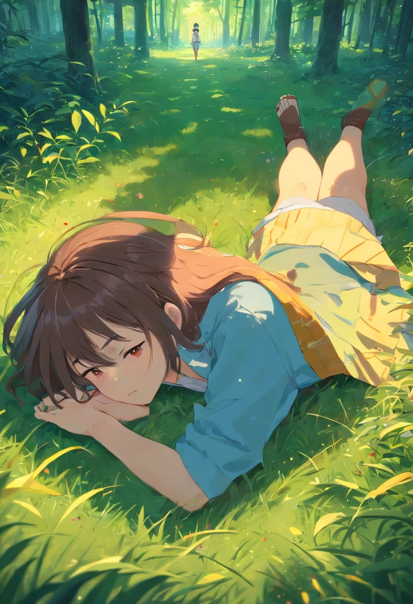 (Best Quality, hiquality:1.3), computer graphics, dramatic lighting, Highly detailed, A girl, with loose hair, Brown hair, in the woods, Lies, A lot of blood, Died, teardrops, covered eyes, lying on his stomach on the grass