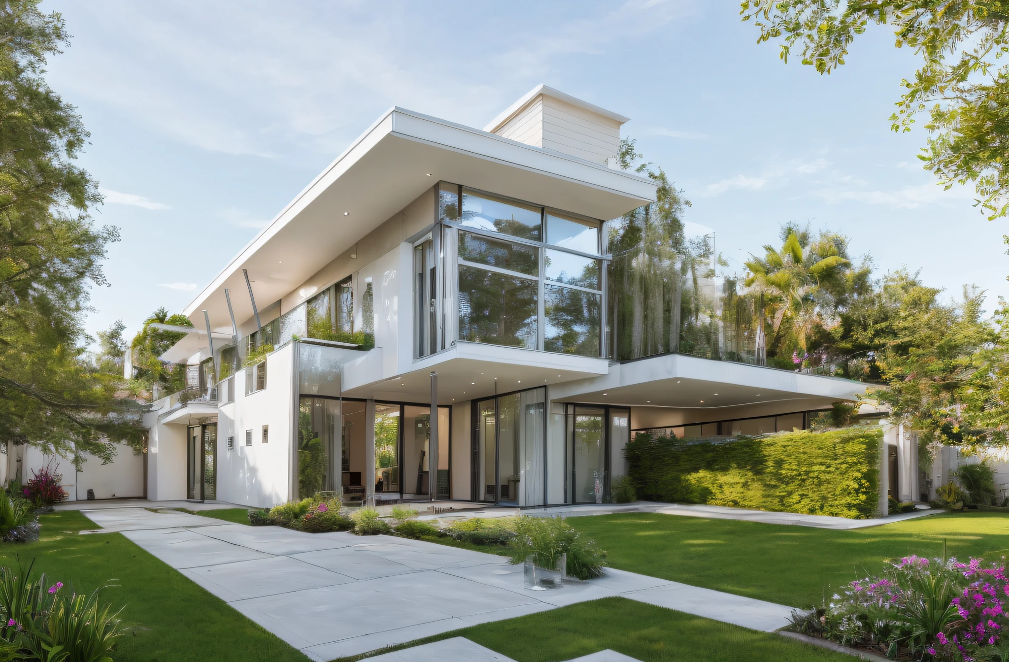 RAW photo,Masterpiece, high quality, best quality, authentic, super detail,
exterior, house style modern on the garden with white wall, glass windows, glass doors,stains, balcony, railing glass
clean line,modernism,Realistic reflexes,realistic light, beautiful summer sky, trees, grass
(day:1.1), vivid colour, vray