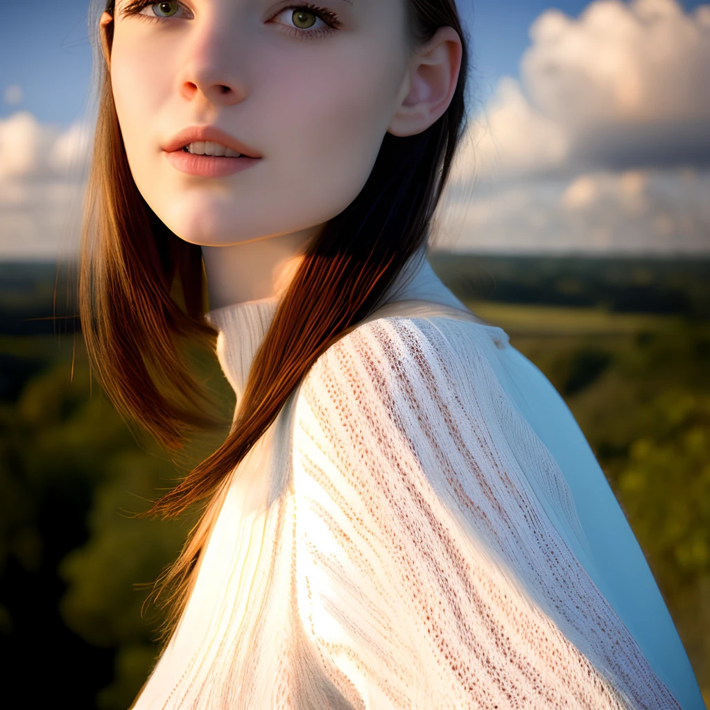 (seulement:1.3)), 1fille, Best quality, Realstic, photoreallistic, Best quality, Masterpiece, very delicate and beautiful, Very detailed, (Selfie:1.2), fine detail, Ultra Detail, High definition, Very detailed, Realstic, ultra high def, Best quality, ultra high def, (real:1.4), High quality texture, Wear a white and thin summer knit, sur le toit, frange, cheveux longs , Afternoon light, Ciel et nuages spectaculaires
