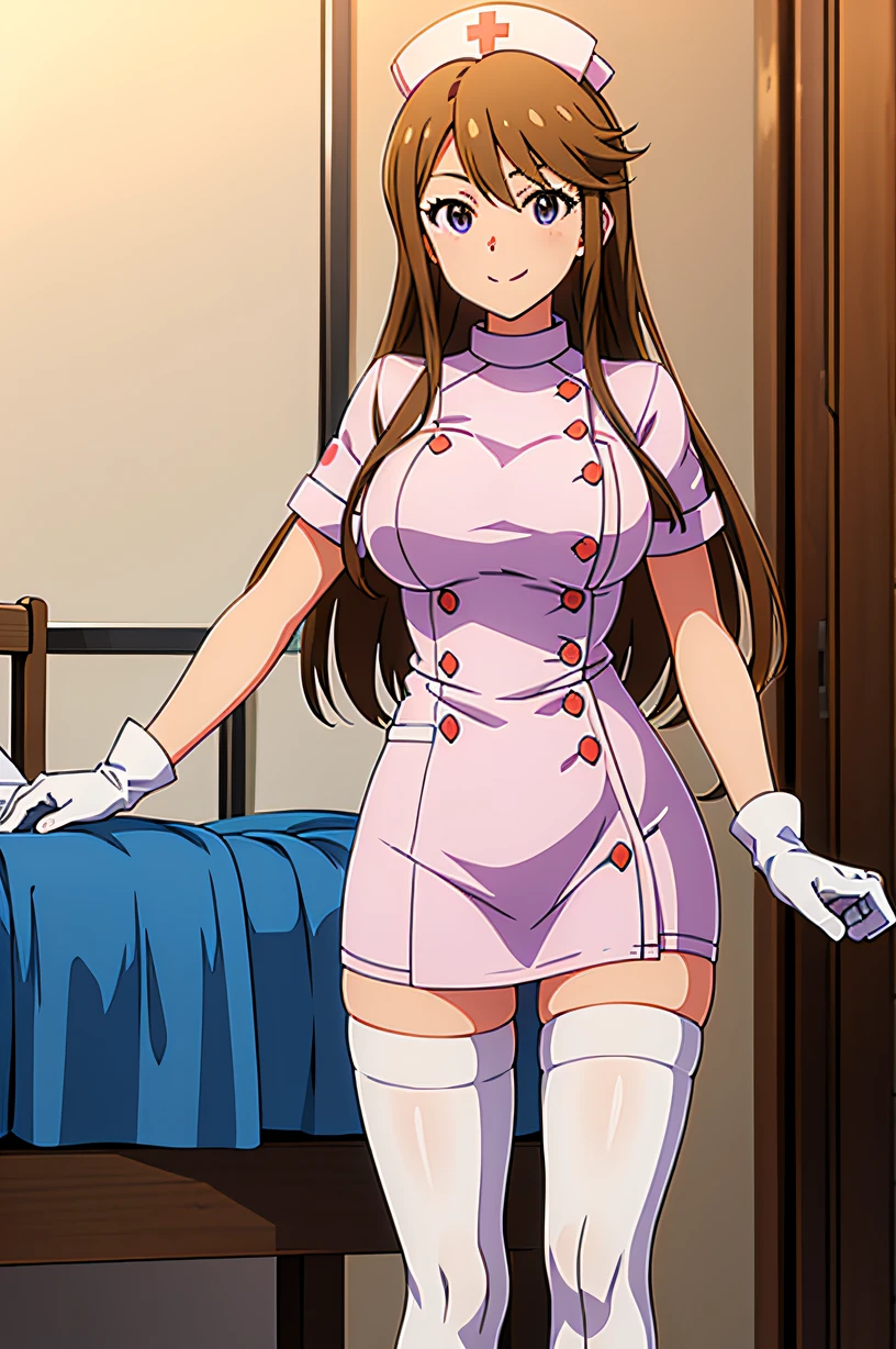 megumi tokoro (million live), long hair, brown hair, purple eyes, large breasts, solo, nurse, ((white nurse cap, white nurse's outfit)), ((white legwear, zettai ryouiki)), white gloves, smile, standing, hospital room, sharp outline, short sleeves, best quality, masterpiece