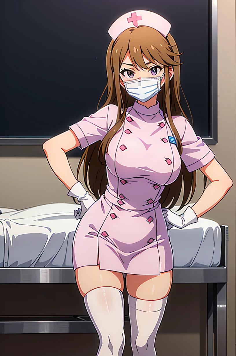 megumi tokoro (million live), long hair, brown hair, purple eyes, large breasts, solo, nurse, ((white nurse cap, white nurse's outfit)), ((white legwear, zettai ryouiki)), white gloves, ((white surgical mask, covered nose)), standing, hospital room, sharp outline, short sleeves, best quality, masterpiece