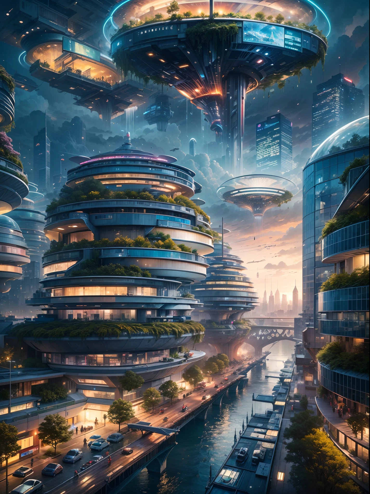 (best quality,4k,8k,highres,masterpiece:1.2),ultra-detailed,(realistic,photorealistic,photo-realistic:1.37),futuristic floating city,futuristic technology,city on a gigantic high-tech flat platform,airship,floating in the sky,futuristic city,small airship around,high-tech half-sphere platform,colorful lights,advanced architecture,modern buildings,skyscrapers,reaching the clouds,awe-inspiring view,urban landscape,impressive design,seamless integration with nature,dynamic and vibrant atmosphere,futuristic transport system,hovering vehicles,transparent pathways,lush greenery,hanging gardens,cascading waterfalls,magnificent skyline,reflection on the water,sparkling river,architectural innovation,futuristic skyscrapers,transparent domes,unusual shaped buildings,elevated walkways,impressive skyline,glowing lights,futuristic technology,minimalist design,scenic viewpoints,panoramic view,cloud-piercing towers,vibrant colors,epic sunrise,epic sunset,dazzling display of lights,magical ambiance,city of the future,urban utopia,luxurious lifestyle,innovative energy sources,sustainable development,smart city technology,advanced infrastructure,tranquil atmosphere,harmonious coexistence of nature and technology,awe-inspiring cityscape,unprecedented urban planning,seamless connection between buildings and nature,high-tech metropolis,cutting-edge engineering marvels,future of urban living,visionary architectural concepts,energy-efficient buildings,harmony with the environment,city floating above the clouds,utopian dreams turned reality,limitless possibilities,advanced transportation network,green energy integration,innovative materials,impressive holographic displays,advanced communication systems,breathtaking aerial views,peaceful and serene surroundings,modernist aesthetics,ethereal beauty