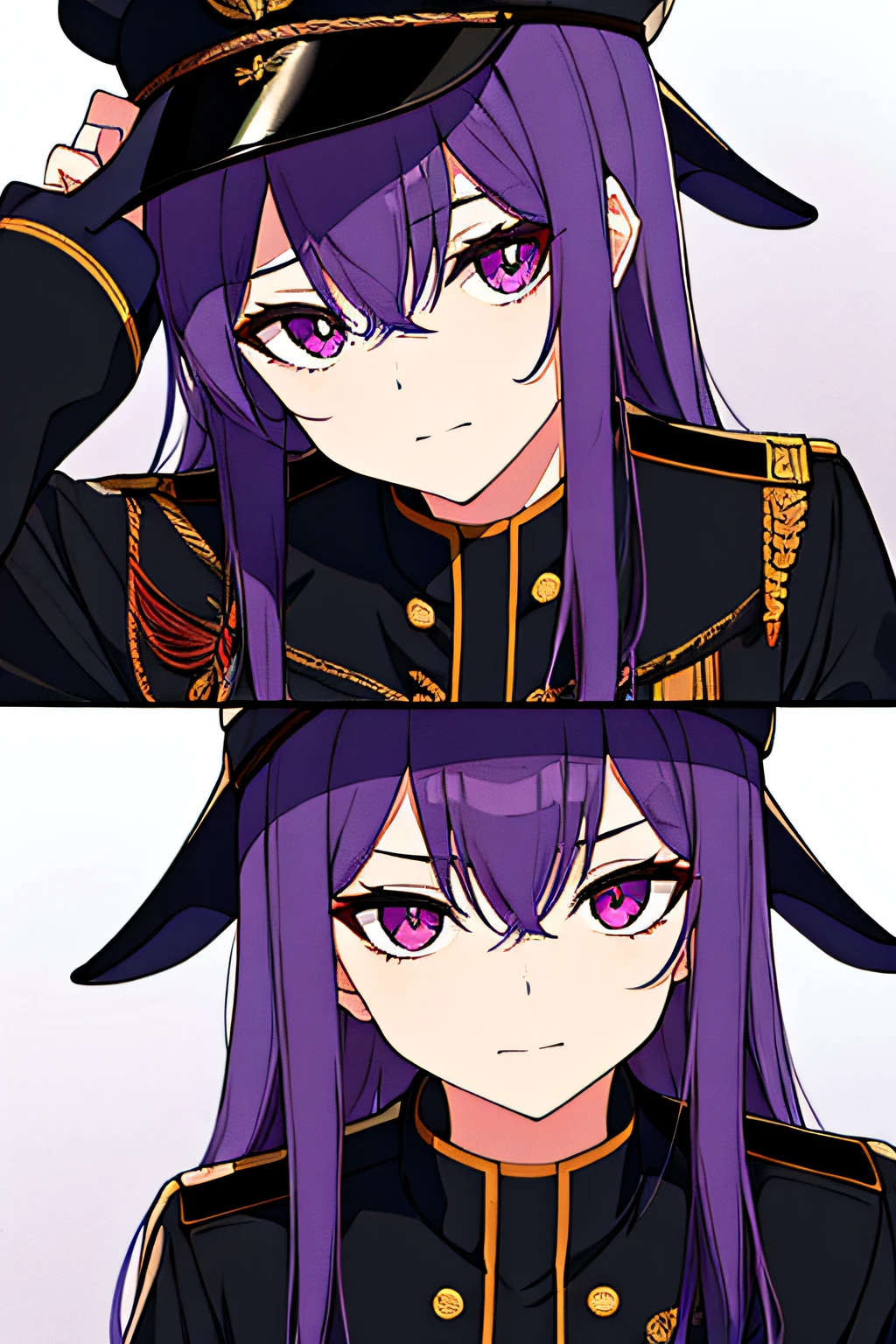 Wearing a black military uniform。
Woman with purple hair。
About 18 years old。
Tie hair intricately。the eyelids are double。
Slender eyes。
Wearing a feathered military cap deep in the eyes
drooping eyelids。
Above 20 pupils%ha、Hidden in the eyelids
Facial expressions。It doesn't look sad。
Have parchment。That parchment has、BVLLA ABUSTOLICA IS WRITTEN