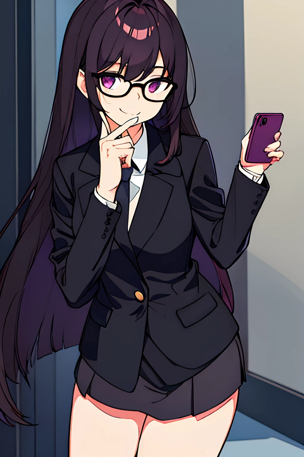 a girl with a dark purpled hair wearing complete black blazers and complete black fancy clothes, wearing glasses, while smiling and holding a phone