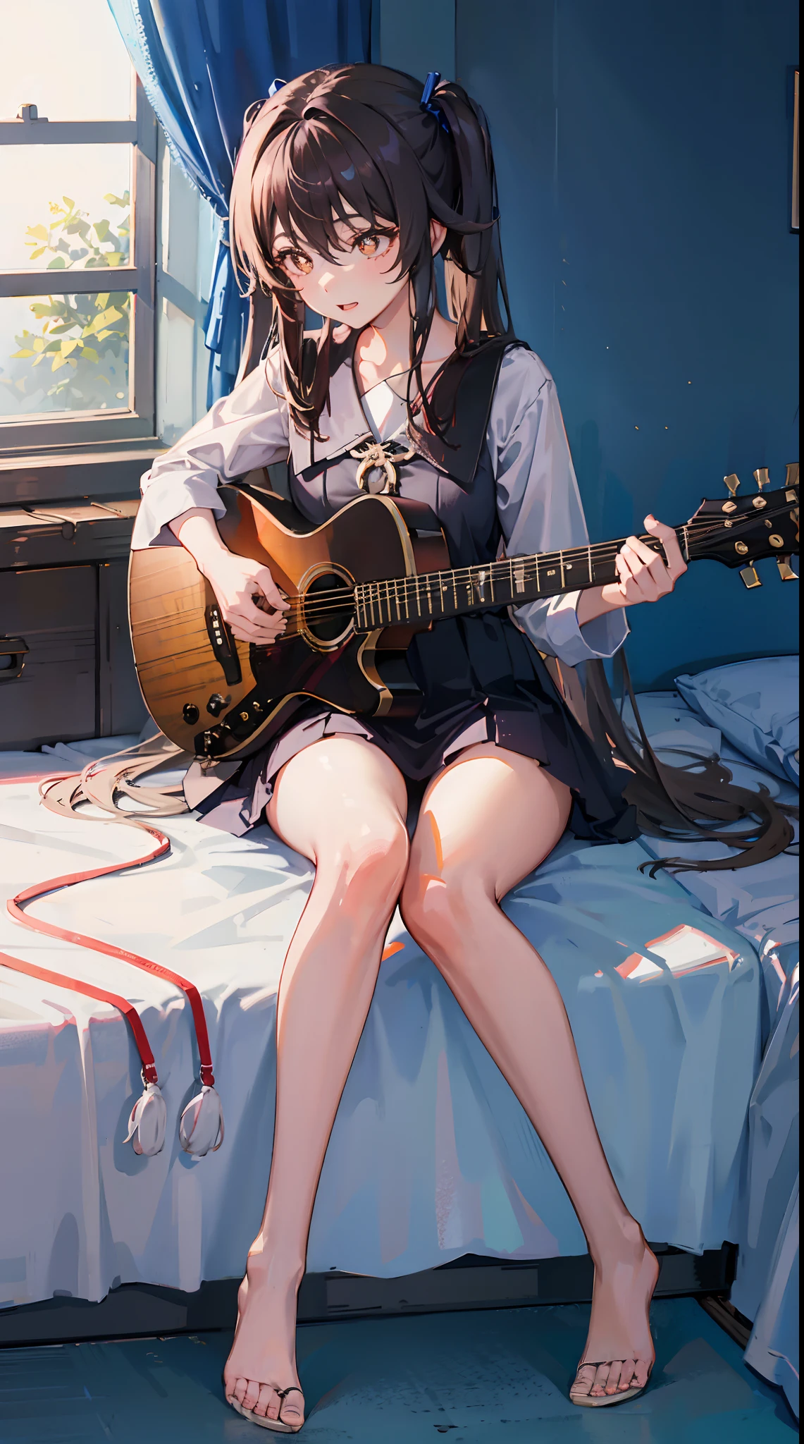 1 girl was sitting on the bed playing guitar and singing