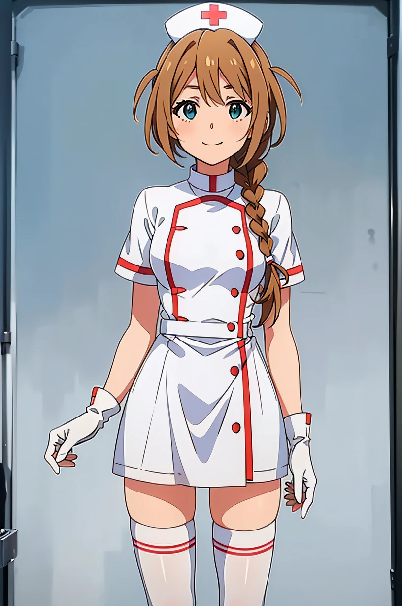 konomi baba (million live), single braid, side braid, hair over shoulder, long hair, small breasts, solo, nurse, ((white nurse cap, white nurse's outfit)), ((white legwear, zettai ryouiki)), white gloves, smile, standing, hospital room, sharp outline, short sleeves, best quality, masterpiece