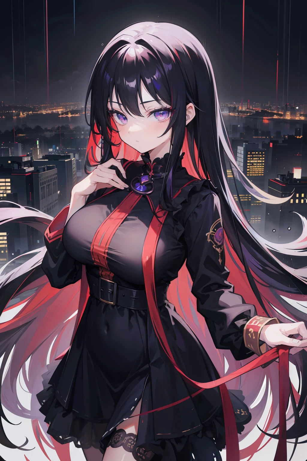 female anime character, pink eyes, black hair, long blue hourglass tip earrings, blue, red and black tone clothes, male