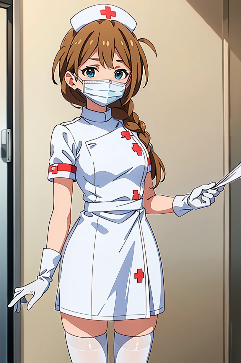 konomi baba (million live), single braid, side braid, hair over shoulder, long hair, small breasts, solo, nurse, ((white nurse cap, white nurse's outfit)), ((white legwear, zettai ryouiki)), white gloves, ((white surgical mask, covered nose)), standing, hospital room, sharp outline, short sleeves, best quality, masterpiece