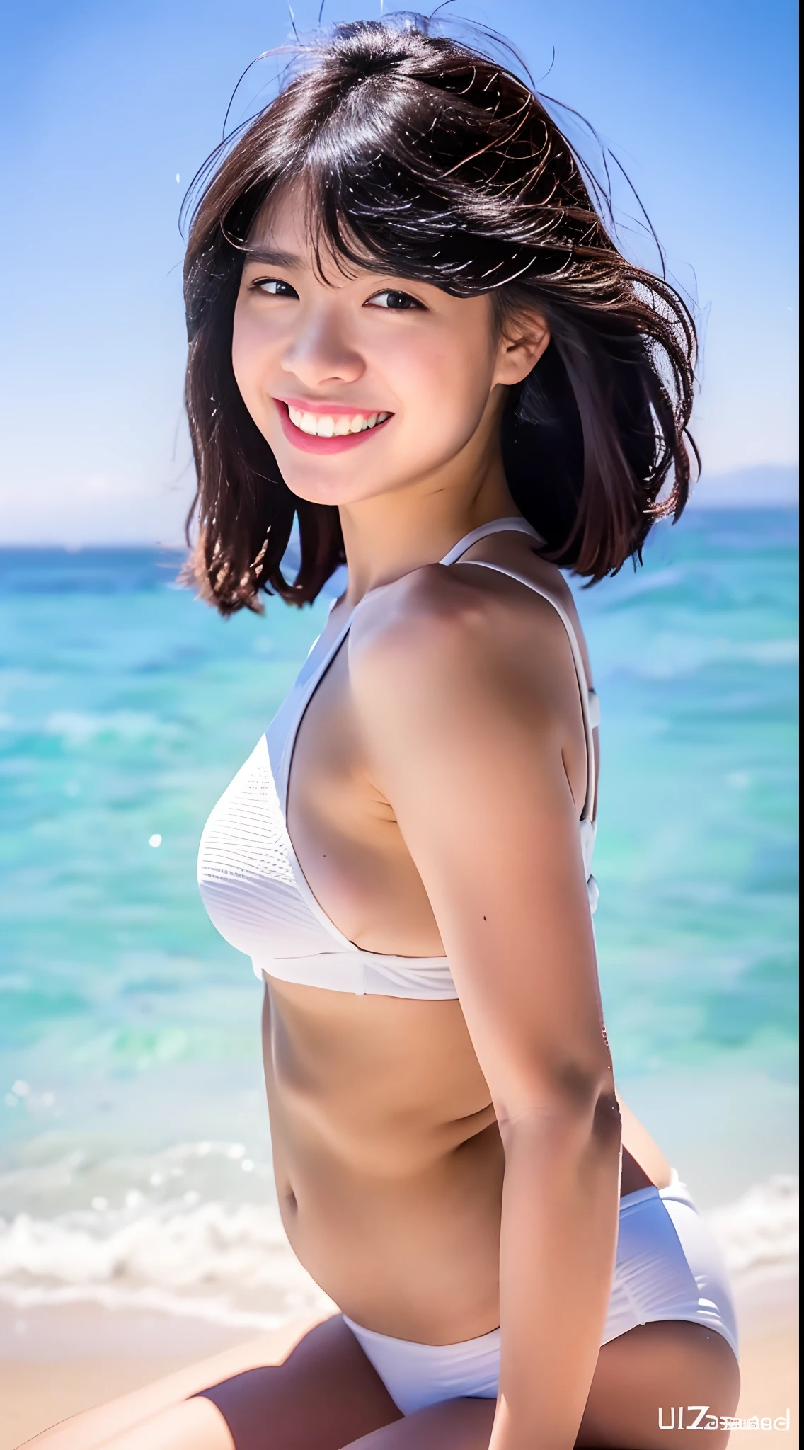 (​masterpiece、high-level image quality、hightquality、8K picture quality).(A Japanese Lady、22year old、cute little、Beautiful skin)、(Perfect body、Beautiful limbs、Healthy body)、Let's go to the sea、let's play together、summer、A delightful、Sea of Japan、summer vacation、femele、Clear skies、swim wears、beach、dancing、a smile、