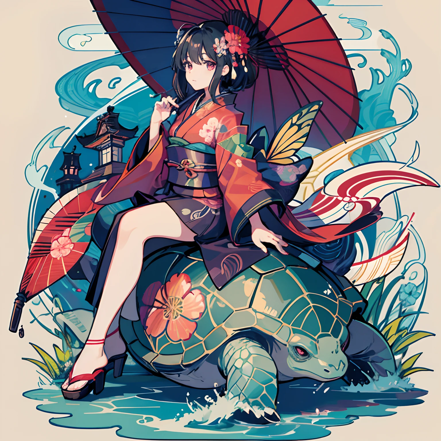 a woman sitting on a giant turtle with an umbrella and dragonfly, umbrella, japanese clothes, 1girl, solo, flower, hair flower, hair ornament, kimono, oil-paper umbrella, black hair
