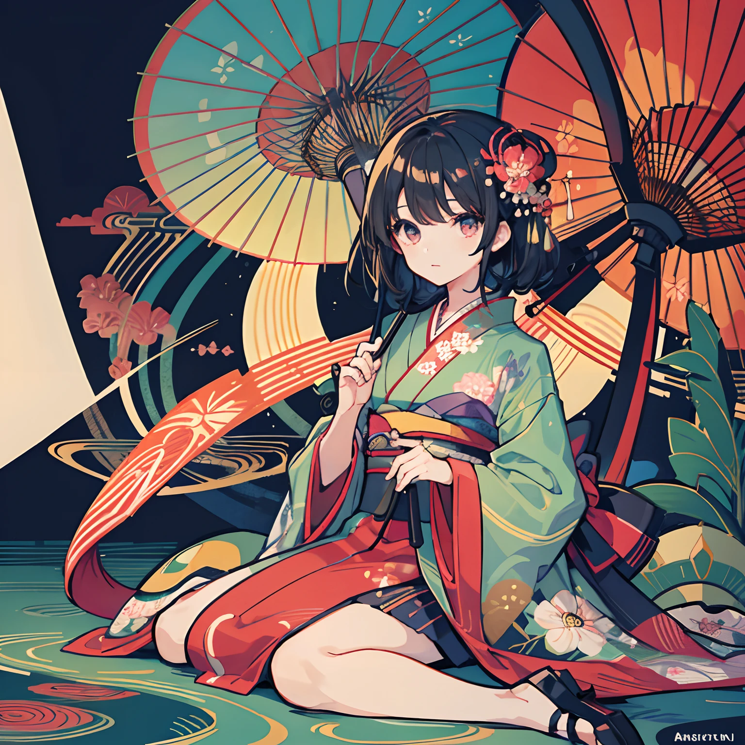 a woman sitting on a giant turtle with an umbrella and dragonfly, umbrella, japanese clothes, 1girl, solo, flower, hair flower, hair ornament, kimono, oil-paper umbrella, black hair