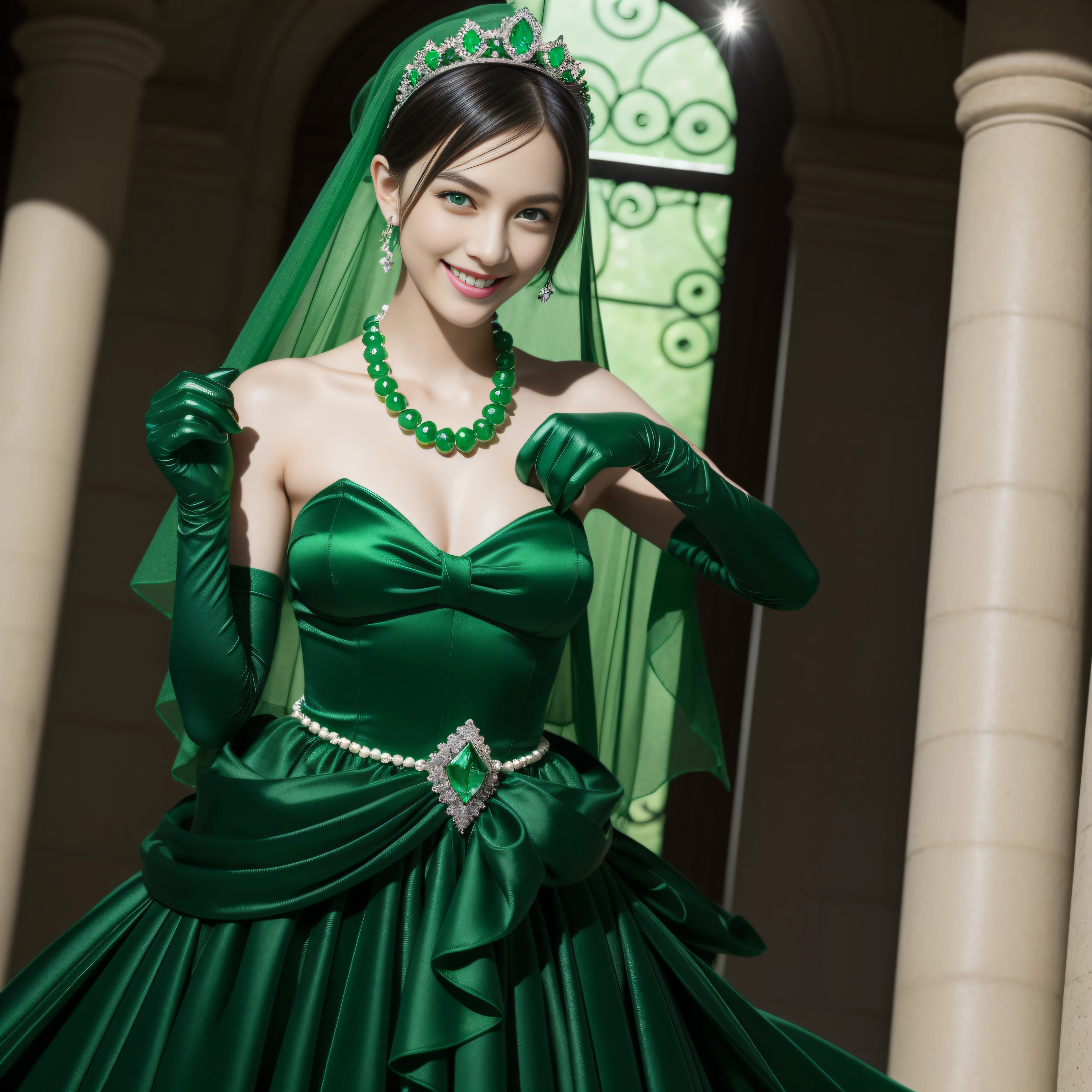 emerald tiara, Green Pearl Necklace, Boyish very short black hair, lipsticks, Japan woman smiling, very short short hair, big breasts beautiful, Green eyes, Long green gloves made of satin material, Green eyes, Emerald Earrings