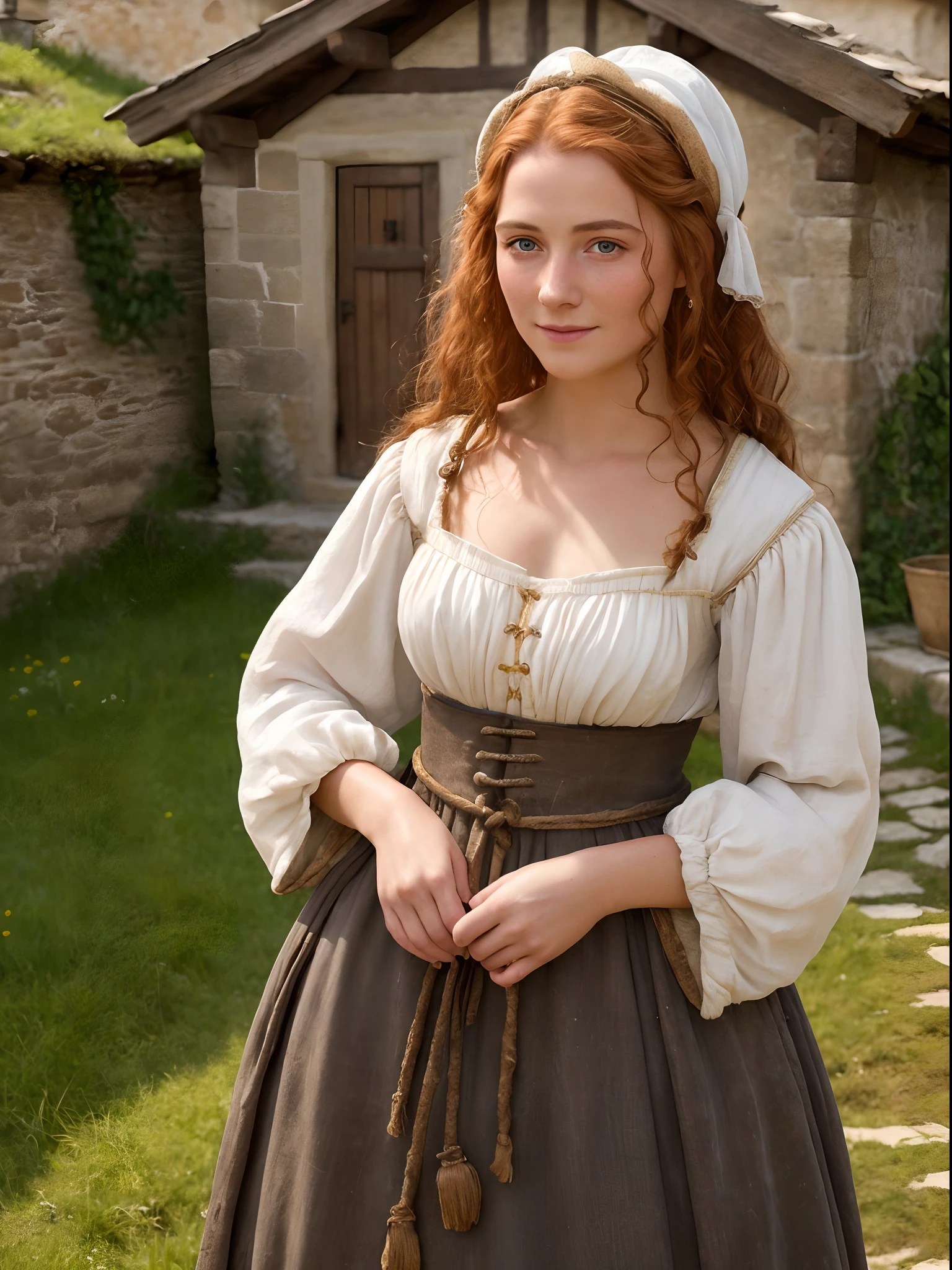 (hyper photorealistic), peasant woman, in small European village, (18 years), (detailed face and eyes), full body portrait, pleasure, nude, (extremely sexy), small breasts, expression enjoyment, idyllic aura, medieval environment, cinematic lighting, ginger detailed hair, little smile, fine facial traits, Slim physique, (depth of field), cinematic, masterpiece, best quality, big weird eyes