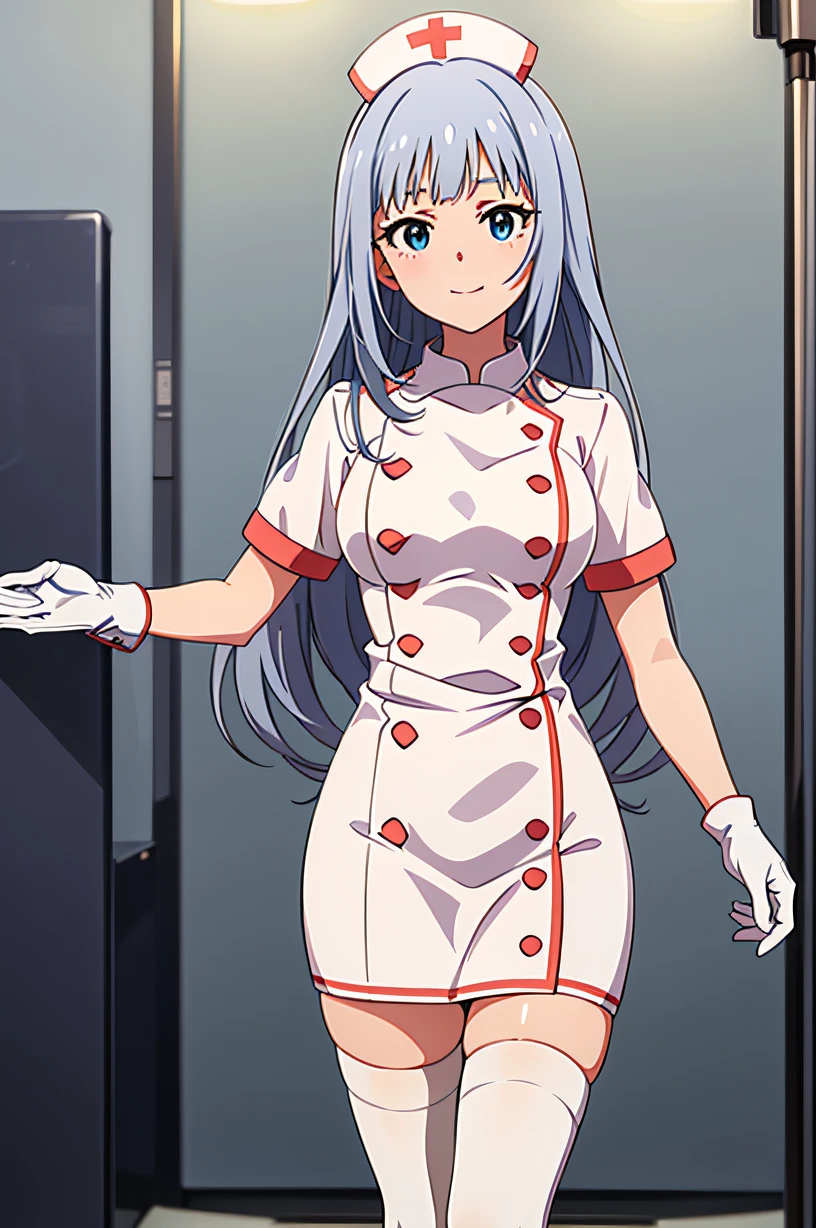 tsumugi shiraishi (million live), very long hair, low-tied long hair, solo, nurse, ((white nurse cap, white nurse's outfit)), ((white legwear, zettai ryouiki)), white gloves, smile, standing, hospital room, sharp outline, short sleeves, best quality, masterpiece