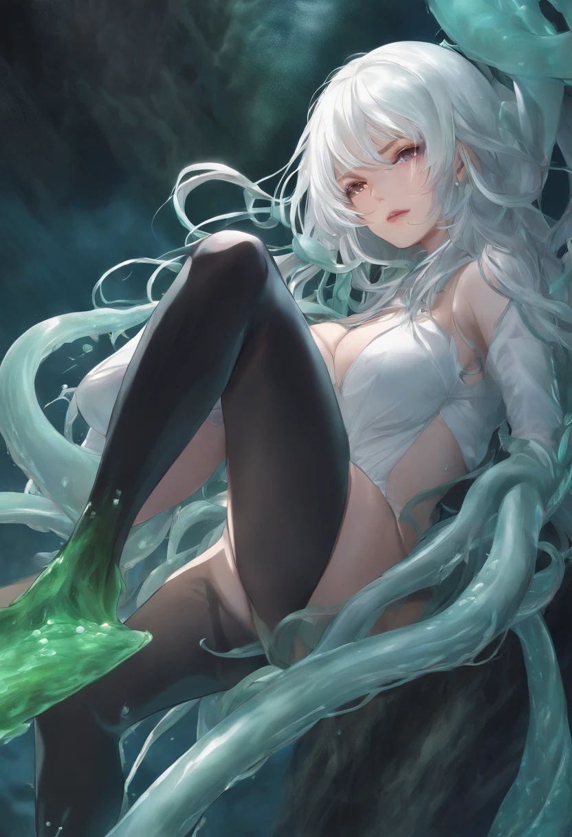 a white haired girl, with slime tentacles climbing up her legs, bottom view, struggling face, hentai,