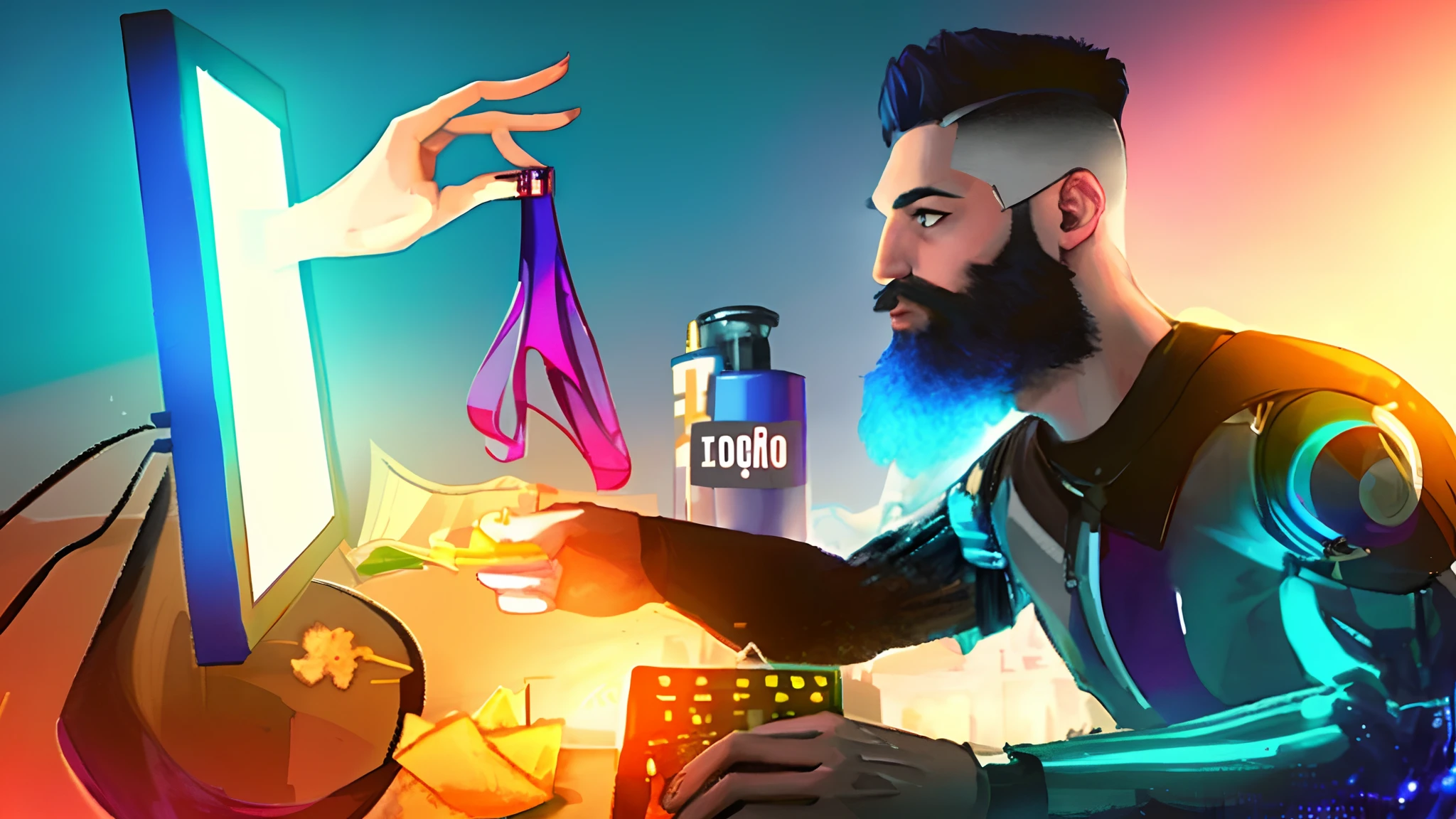 There's a man with a white beard and beard sitting in front of a computer, stylized digital illustration, Arte digital estilizada, holographic design, promotional render, (hiper-realista), (illustration), (alta resolução), (8K), (extremamente detalhado), (best illustration), (belos olhos detalhados), (melhor qualidade), (ultra-detalhado), (obra-prima), (rosto detalhado) vestindo roupas casuais, Highly detailed CG illustration, Cyril Rolando e Goro Fujita, Nenhum estilo de Cyril Rolando, White shirt ads, Beeple e Mike Winkelmann, style hybrid mix of beeple, inspirado em Cyril Rolando