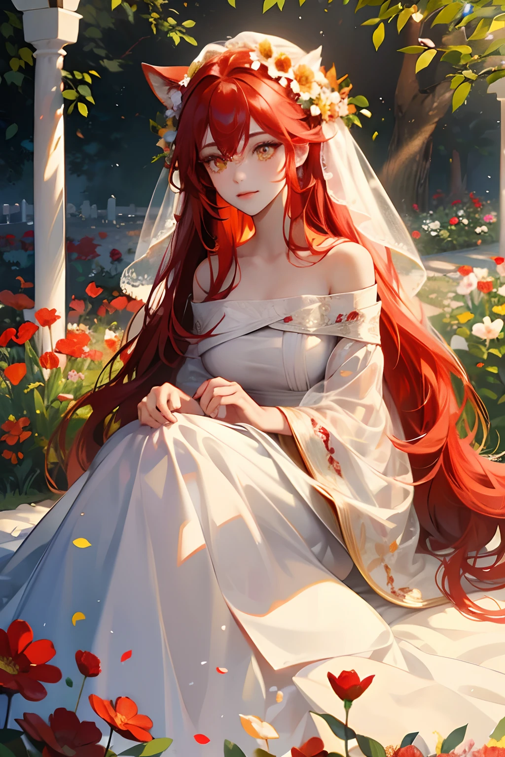 red tinted hair，Red fox ears，Golden eyes，In the garden，White wedding dress，Wear a garland on your head，Colorful flowers