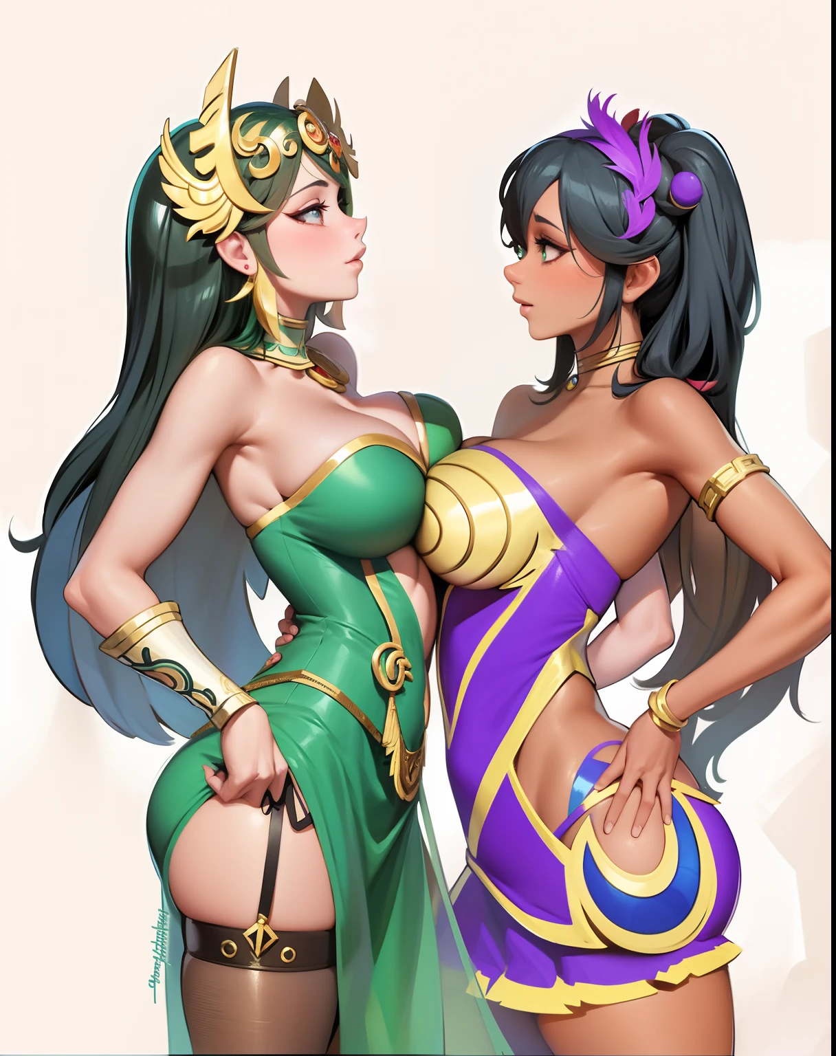 two women in costumes are standing next to each other, palutena, artgerm and genzoman, lady palutena, artgerm style, artgerm colorful!!!, extremely detailed artgerm, jazza and rossdraws, style ivan talavera and artgerm, style artgerm, battle boobs, milf, large breast, thicc, cute face, detailed face, soft skin