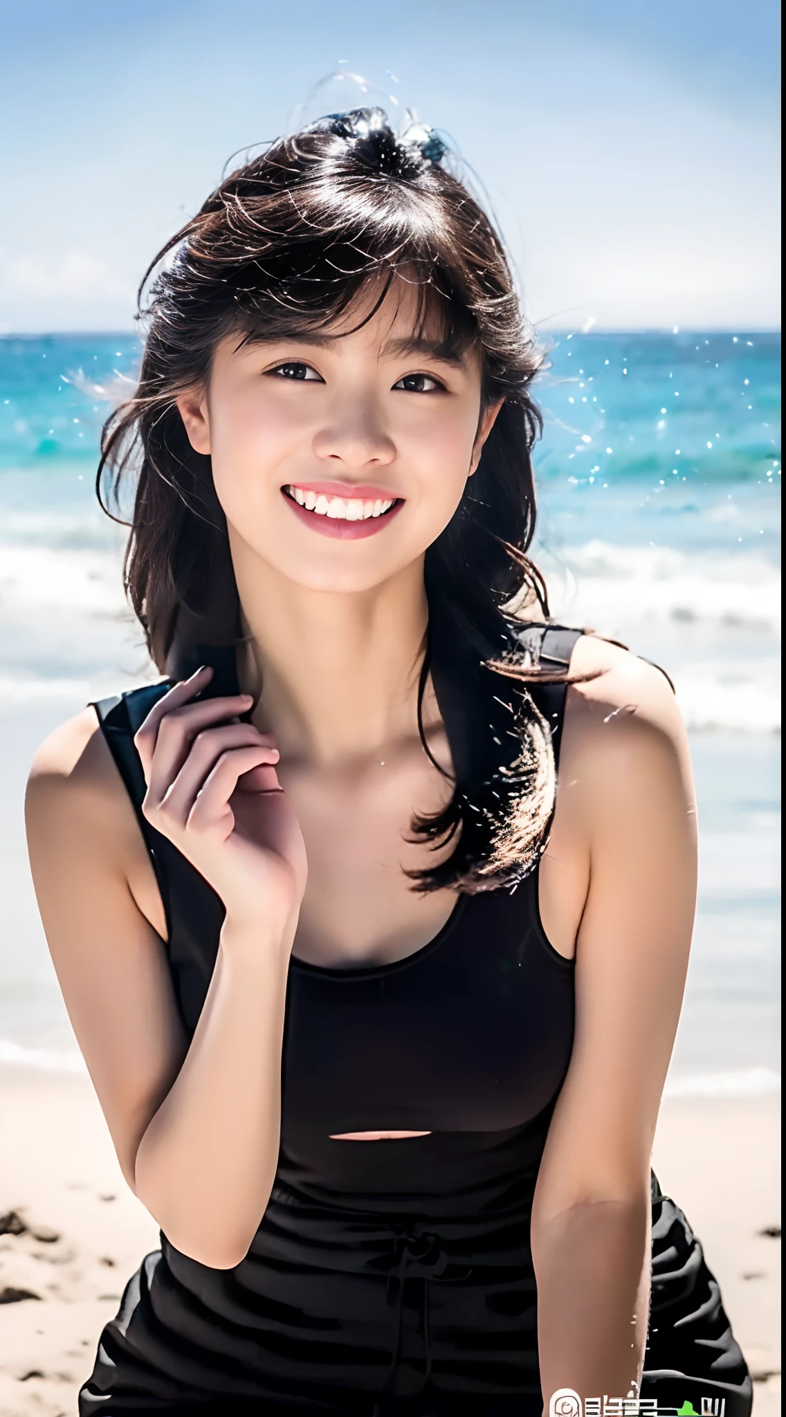 (((perfect anatomia))),(((ulzzang-6500))),(((Bewitching pose against professional photographer on the beach in Hawaii))),(((Tight waist and beautiful buttocks))),(((solo person))),(((White little string bikini looks good))),(((Place your hands behind your neck、Get down on one knee、Turn to the cameraman behind you.))),8K、raw、top-quality、超A high resolution、1girl in、(((Hasselblad))),portlate、a closeup、short chestnut hair、Perfect litthing、bangss、is standing、(((Smile with the corners of your mouth raised)))、(((Beautiful white skin that has just come out of the sea is sparkling.))),((Glossy lip gloss))),(((plump thick lips)))、look up sky、