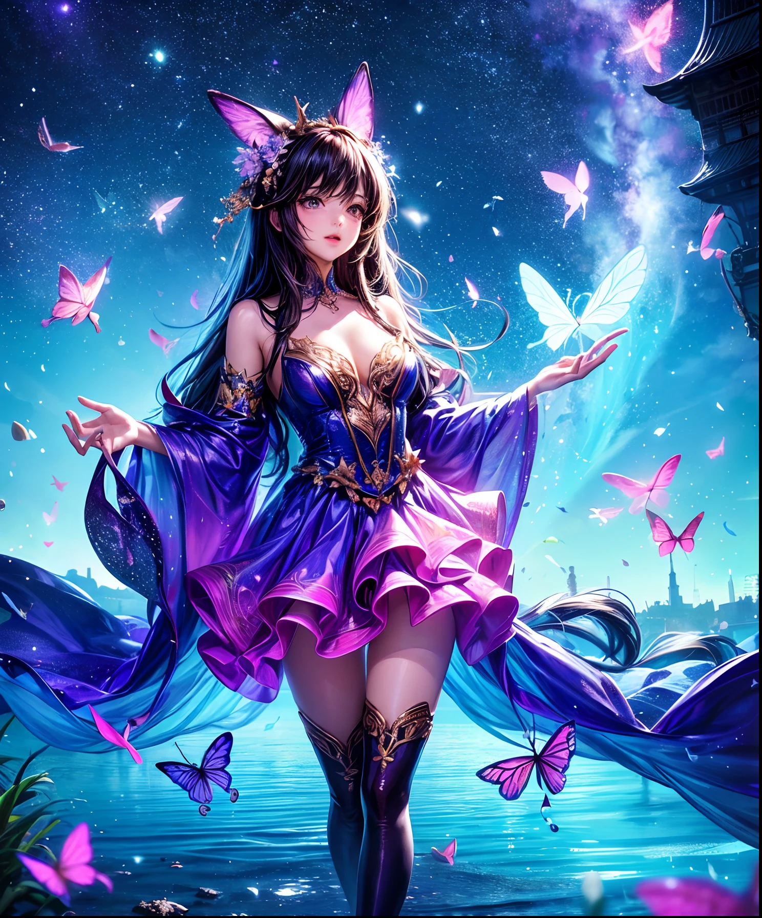 Cute girl characters、the met、Skyscrapers serve as a background、Describes a scene with butterflies lying on the water flying around, Looking up at the starry sky. Surround her with colorful nebulae and her favorite constellations.