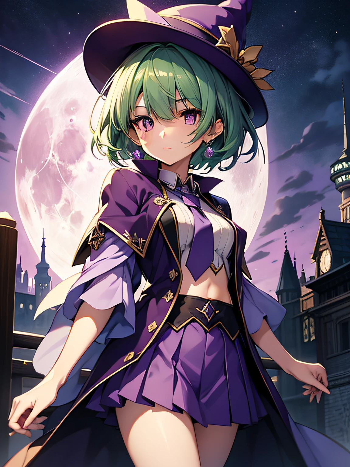 top-quality、extremely delicate and beautiful、Beautiful illustration、top-quality、(A teenage girl)、Purple Eye、Green hair、short-haired、(Purple pointy hat)、Purple tie、Soio、shortsleeves、Purple skirt、Purple Wizard Robe、Navel、is standing、Full moon night on background