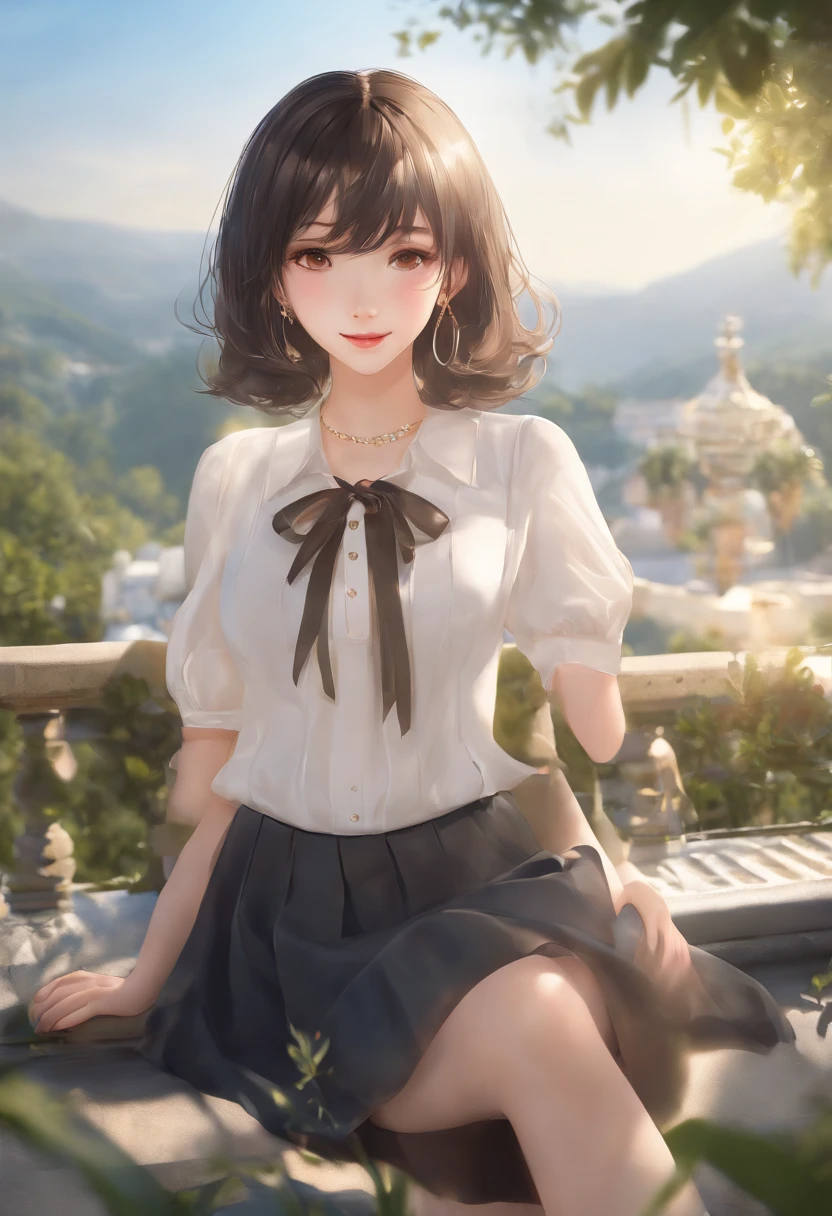 masterpiece,best quality,official art,extremely detailed CG unity 8k wallpaper,1girl, like student,pretty,an extremely delicate and beautiful,ultra high res, (photorealistic:1.4), ,golden hour lighting,,(upper body), (platinum short hair:0.8), ((puffy eyes)), looking at viewer, facing front, smiling, laughing,jk skirt, white dress,shirtlift, long black hair