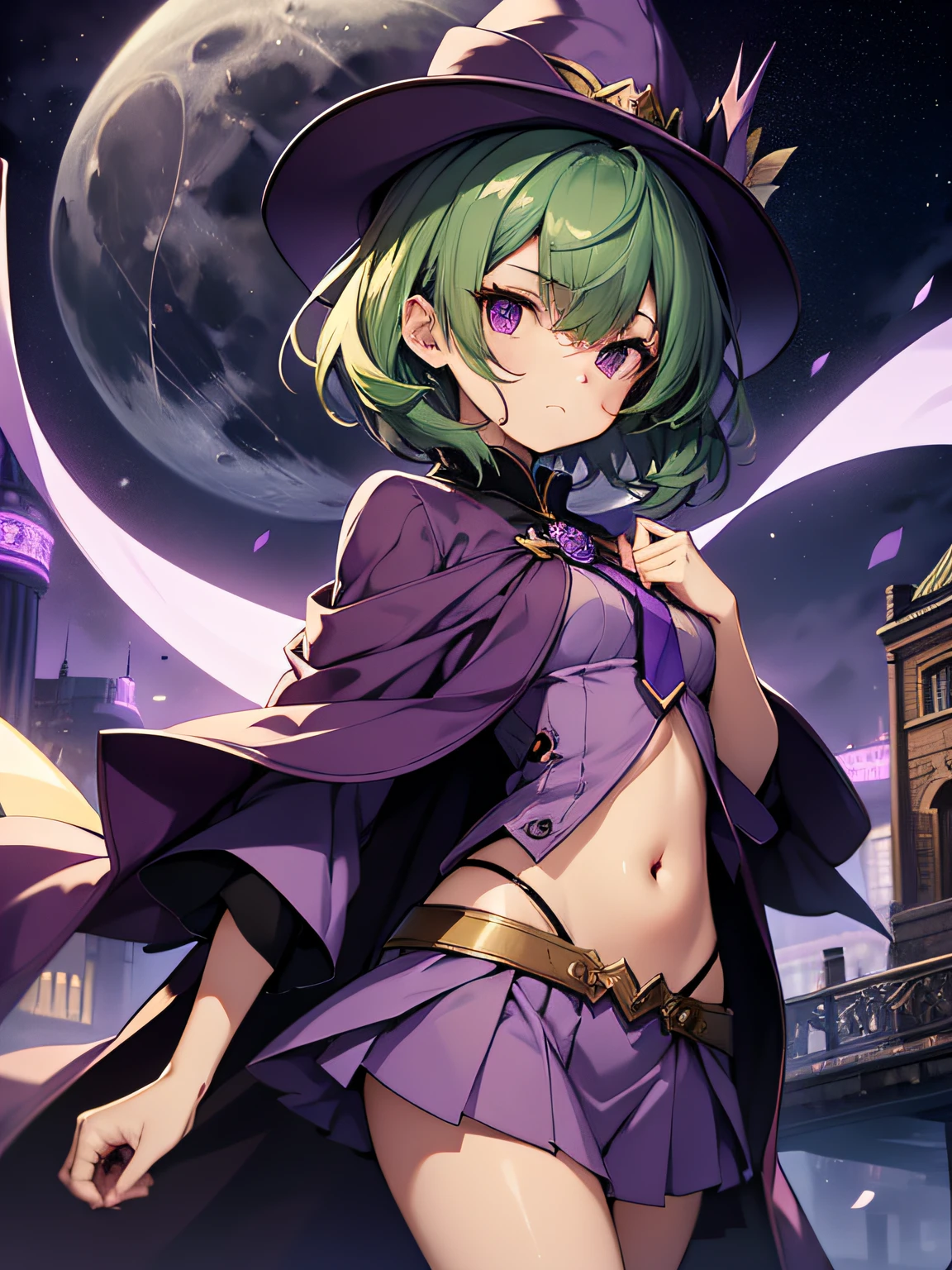 highest quality、very delicate and beautiful、()、purple eyes、green hair、short hair、(Purple Witch Hat)、purple swimsuit、face turns red、navel pussy、Are standing、facing forward、