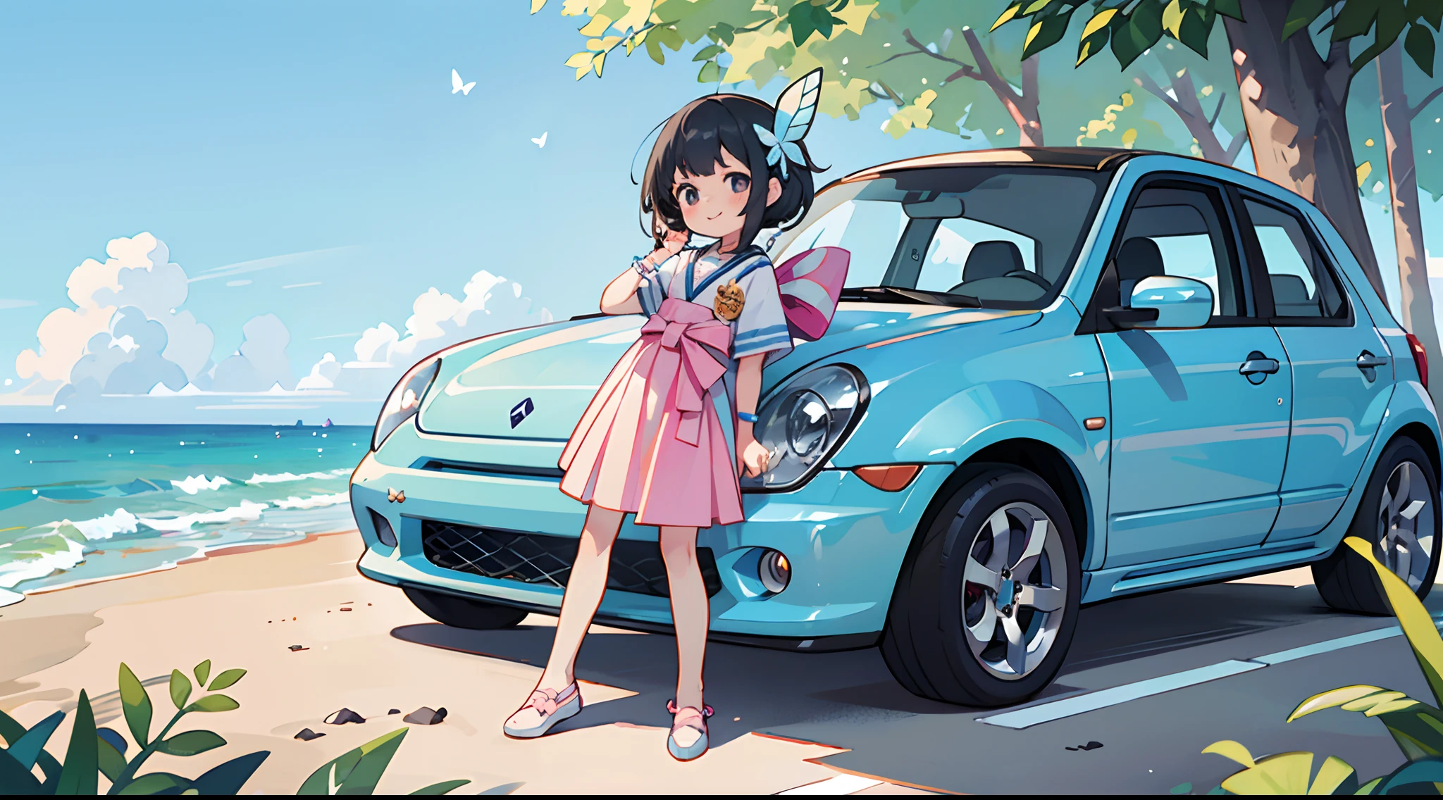 Octane Render、(Hyper-detailing: 1.15)、(Soft light、sharp: 1.2)、morning、*********** posing in front of EV in parking lot near beach, Accessories for shoes、butterfly hair ornament、 Fuji Film, F/4.0, masutepiece, Anatomically correct、A smile, radiant light