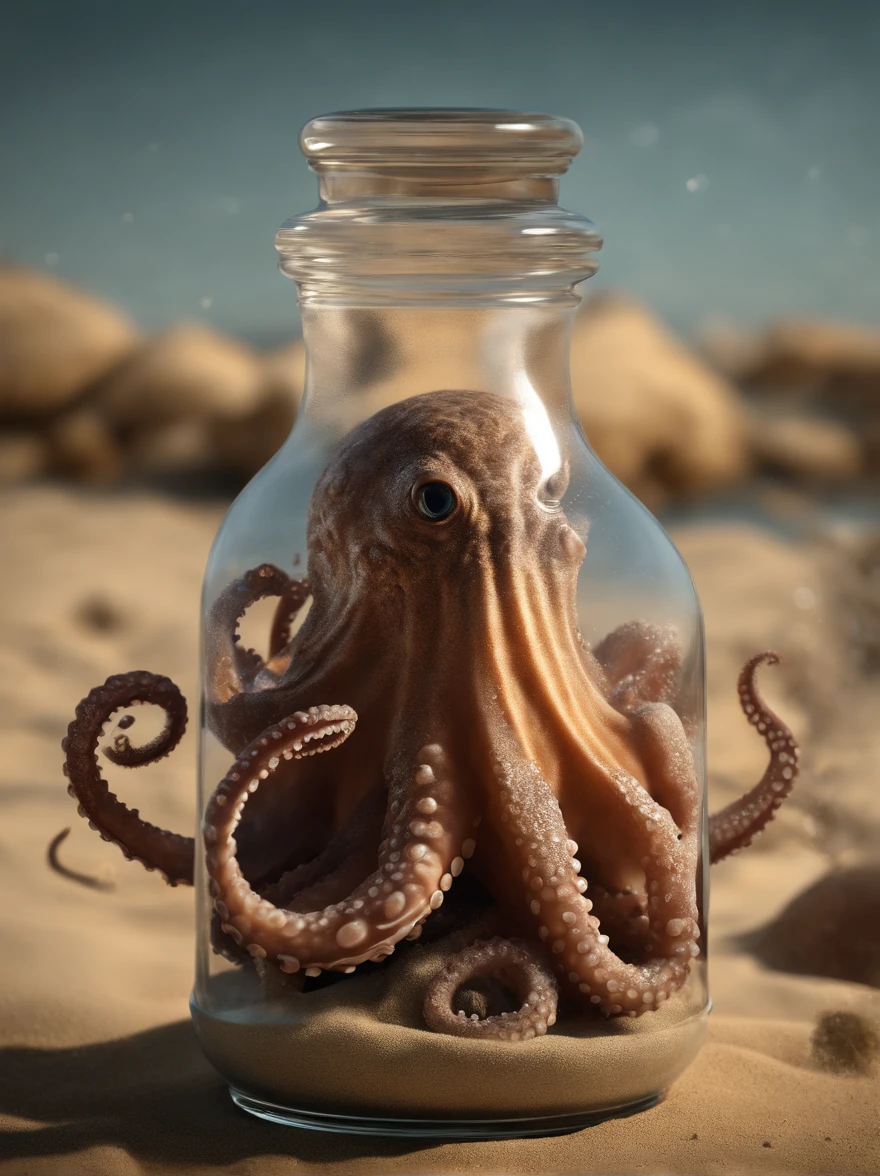 (best quality,4k,8k,highres,masterpiece:1.2),ultra-detailed,(realistic,photorealistic,photo-realistic:1.5), sand and glass, an octopus {{Lovecraftian monster}} with effort breaks out of a jar, shattered glass effect, dramatic lighting, intense action, dynamic composition, deep underwater, splashes, bubbles, uncanny{{tentacles}}, combats, depth of fields,