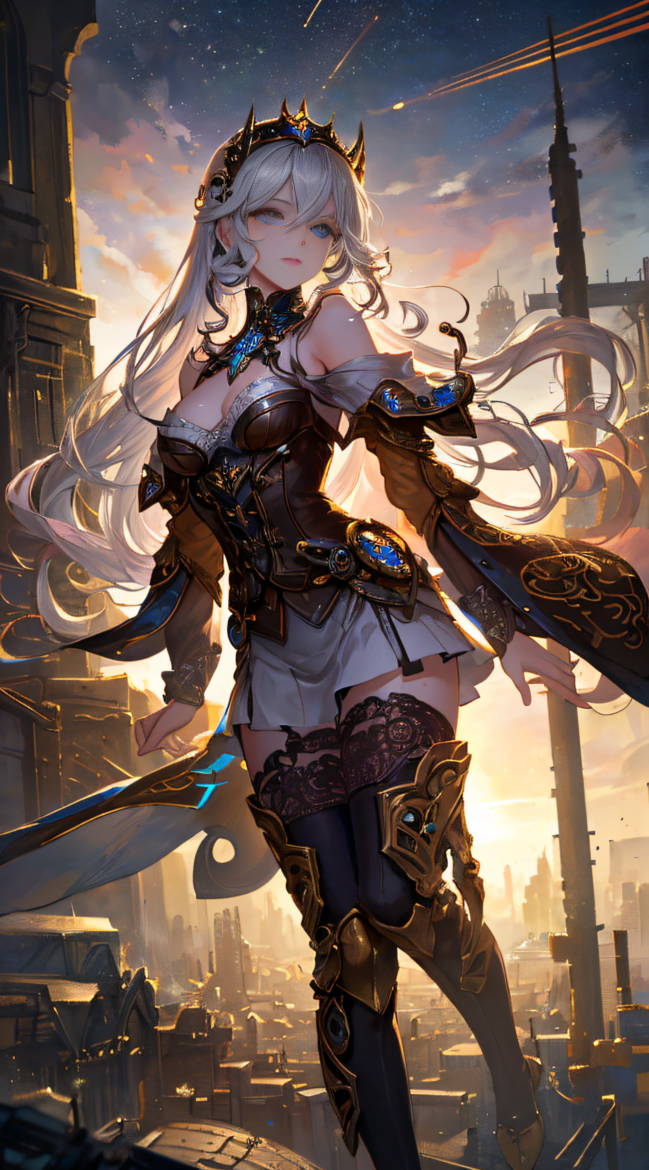Wizard girl.
(((masterpiece, best quality, raw photo, photorealistic, depth of field, ultra detailed, detailed face, very precise eyes))), Dynamic Action Pose, Invoke Magic, Mechanical Magic Weapons, very slender long legs, lace stockings on the knee, steampunk headgear, fluttering lace flared mini skirt, off-shoulder fashion with a fusion of detailed and intricate steampunk and detailed gothic ta, upward and beautiful small breasts, Clean long silver hair, long vertical curly hair, wind driven, futuristic complex steampunk factory background, infinite dark universe, flying celestial bodies, countless celestial neon lights raining down from the heavens, cinematic lighting decoration.