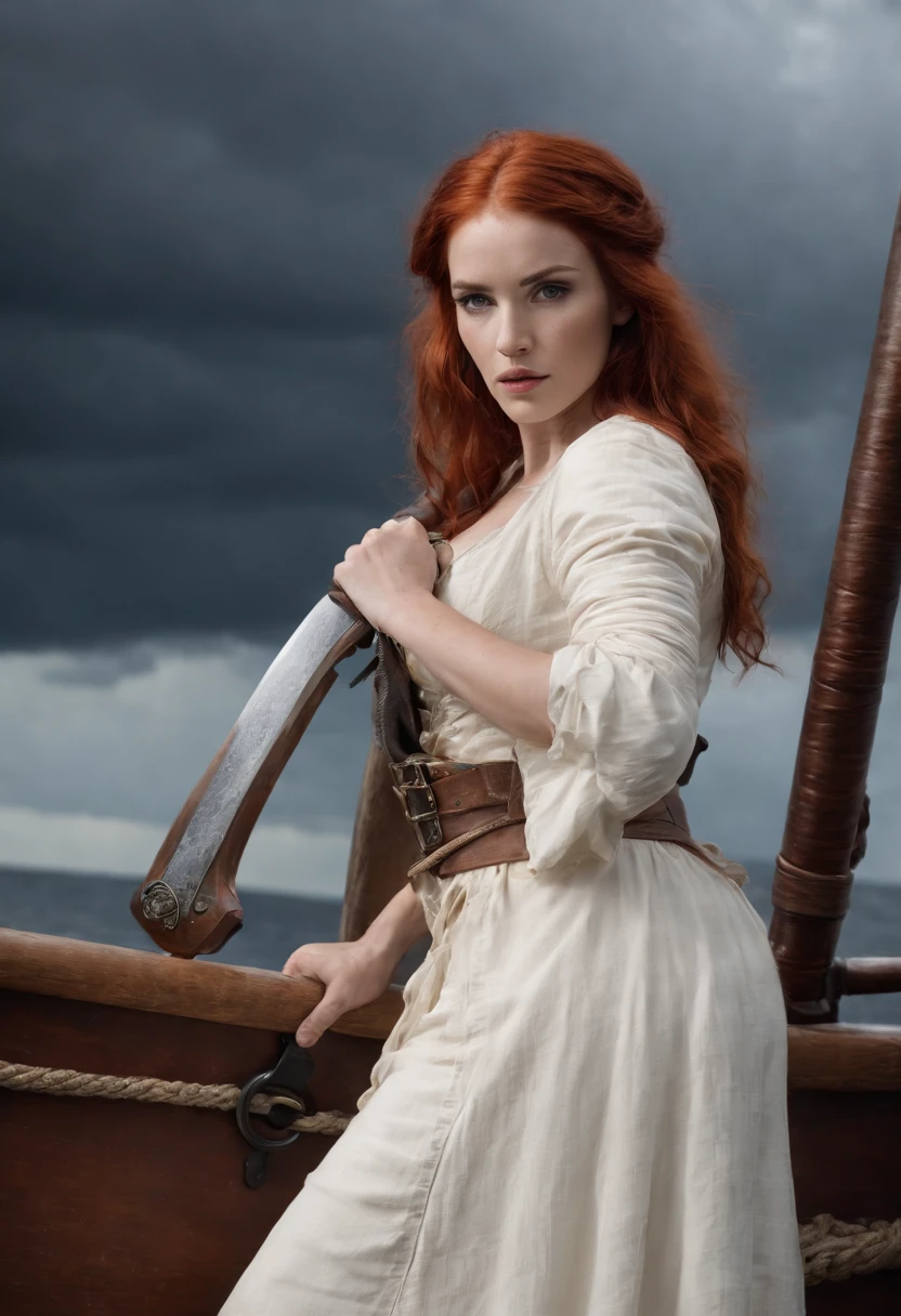 Red-haired female pirate，Wears a bayonet sword，Stand at the bow of the pirate ship，dark stormy clouds，Sexy clothes，A lot of sailors are working