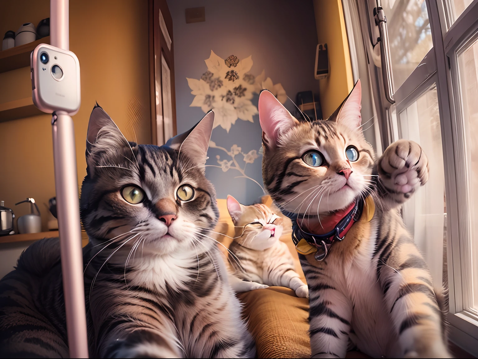 Two round-eyed cats take selfies with selfie sticks, Sunlight outside the window.