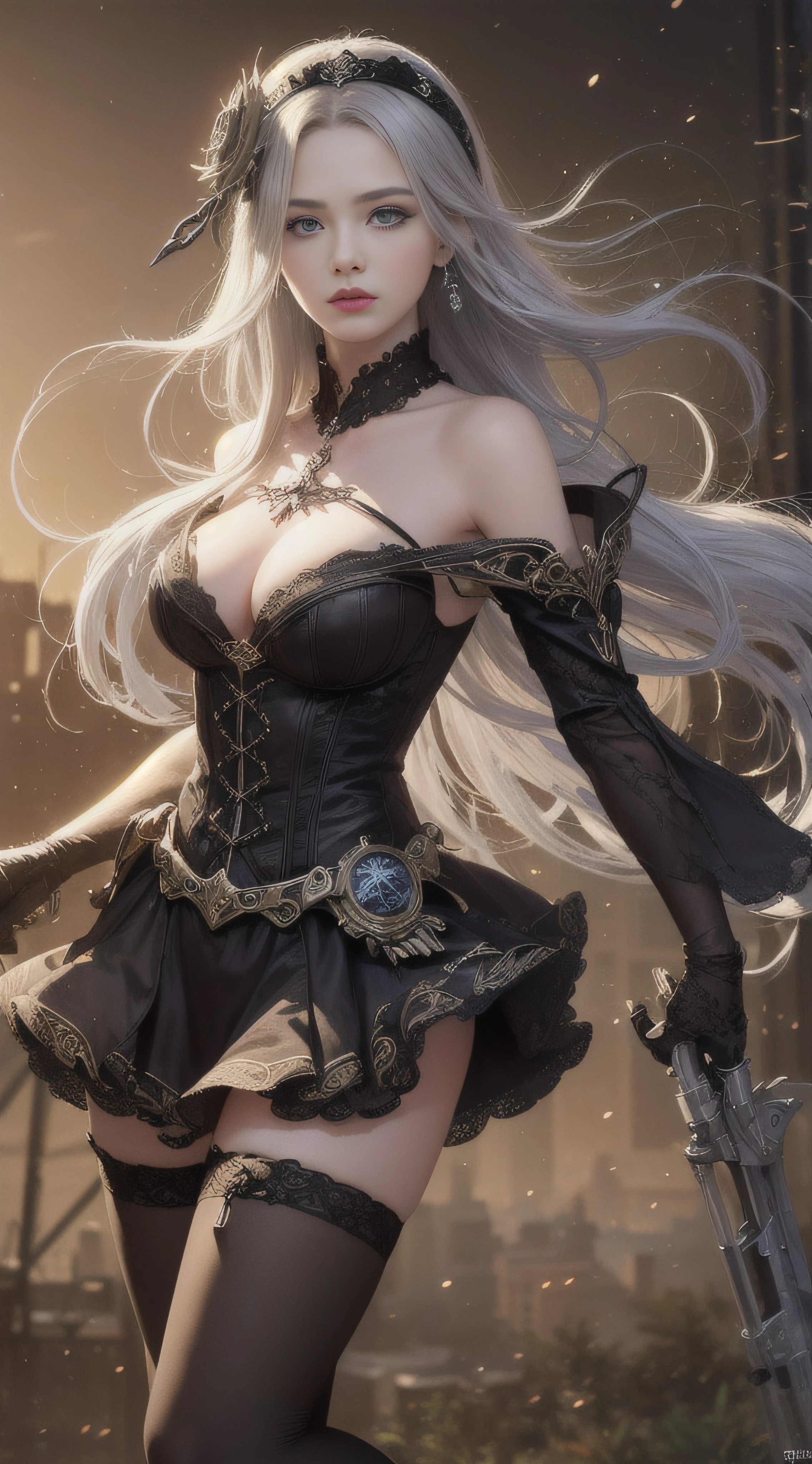 Wizard girl. 
(((masterpiece, best quality, raw photo, photorealistic, depth of field, ultra detailed, detailed face, very precise eyes))), Dynamic Action Pose, Invoke Magic, Mechanical Magic Weapons,  very slender long legs, lace stockings on the knee, steampunk headgear, fluttering lace flared mini skirt, off-shoulder fashion with a fusion of detailed and intricate steampunk and detailed gothic lolita, upward and beautiful small breasts, Clean long silver hair, long vertical curly hair, wind driven, futuristic complex steampunk factory background, infinite dark universe, flying celestial bodies, countless celestial neon lights raining down from the heavens, cinematic lighting decoration.