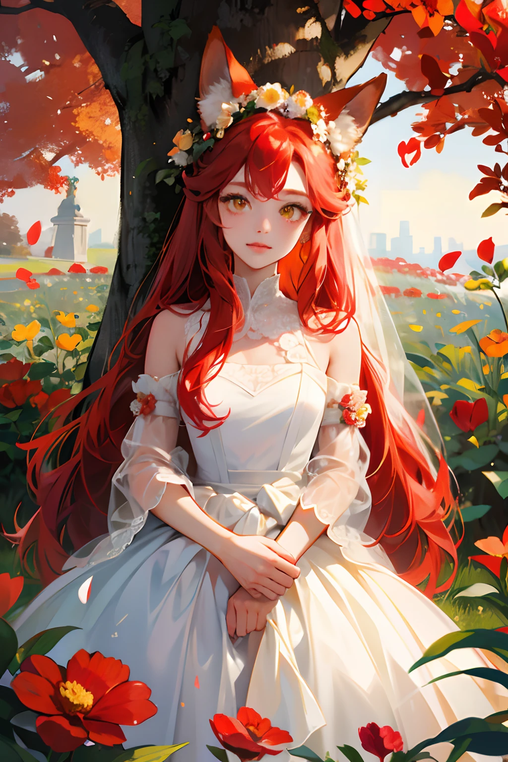 red tinted hair,Red fox ears,Golden eyes,In the garden,White wedding dress,Wear a garland on your head,Colorful flowers