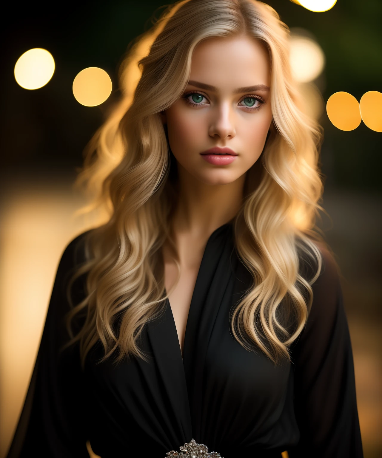 (Photorealistic:1.4), (Raw photo, 8k, best quality, masterpiece, high resolution), medium shot portrait photo, 1girl, blonde, wearing (black formal outfits), posing for picture, model-shoot style, magazine cover photo style, professional photograph, highly detailed, (beautiful, elegant, attractive), soft sensual lighting, hyperrealism, ultra realism, cinematic portrait, film grain, bokeh, evening shot, emerald green eyes
