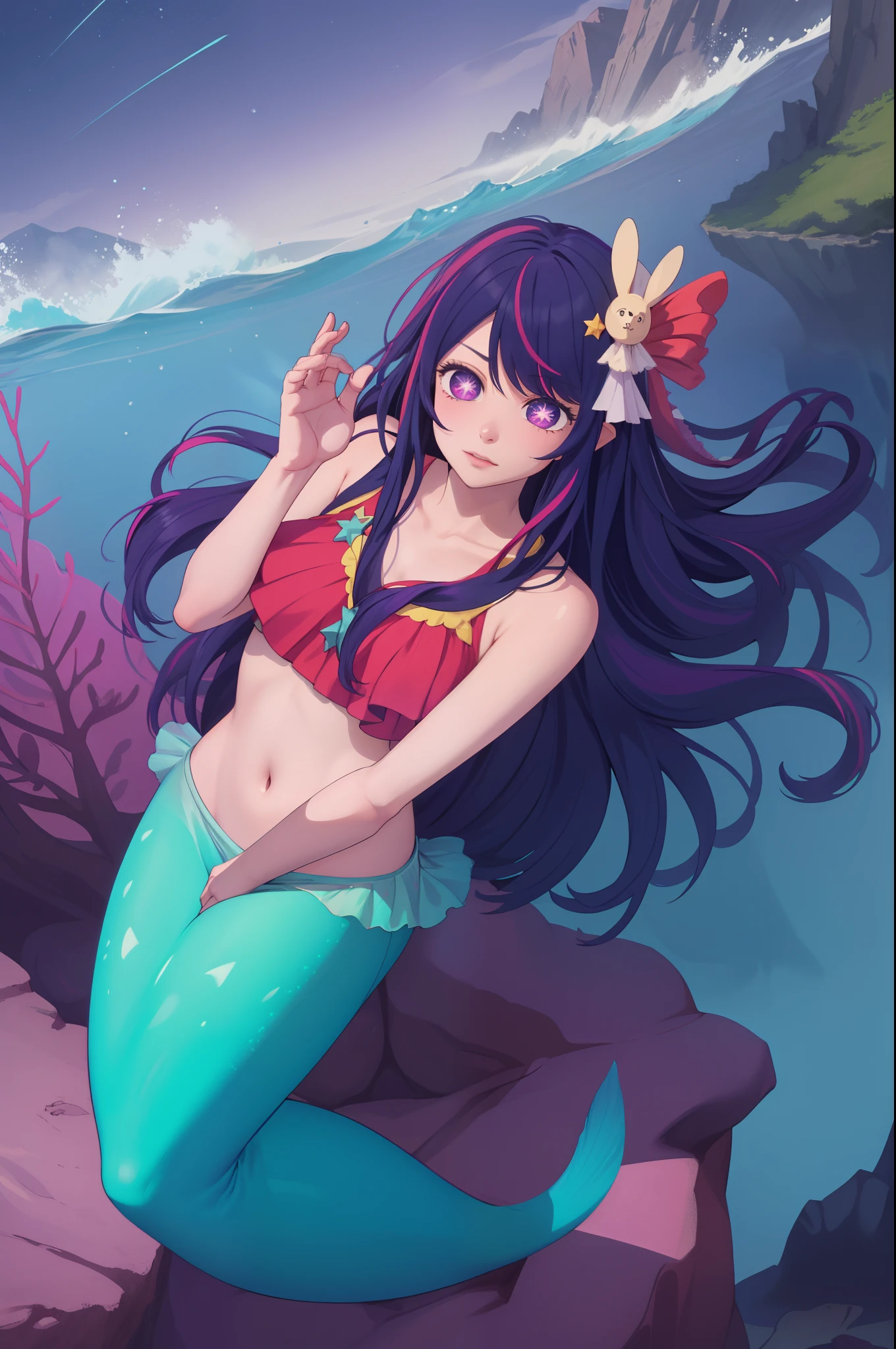 fullbody  Hoshino Ai, long hair, purple hair, streaked hair ,purple eyes, star-shaped pupils, hair ornament, with mermaids fins