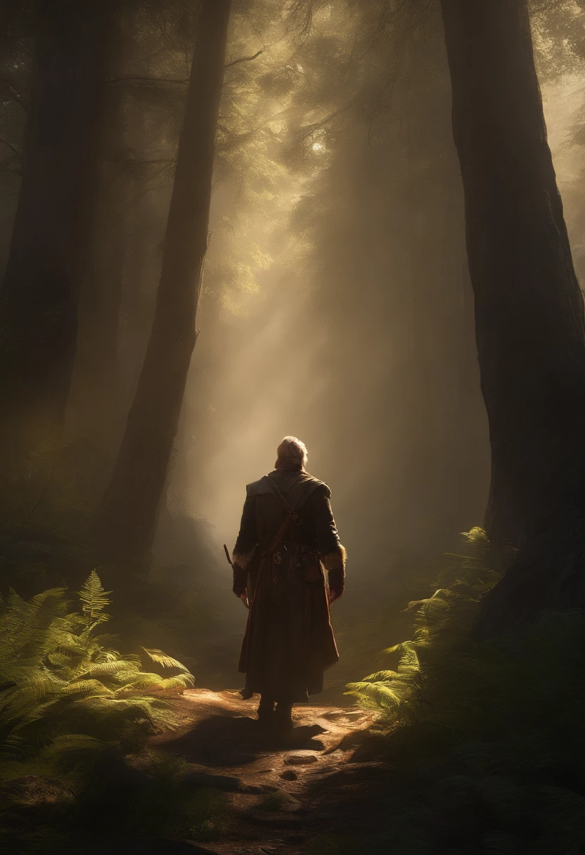 forest wanderer by dominic mayer, anthony jones, Loish, painterly style by Gerald parel, craig mullins, marc simonetti, mike mignola, flat colors illustration, bright and colorful, high contrast, Mythology, cinematic, detailed, atmospheric, epic , concept art, Matte painting, Lord of the rings, Game of Thrones, shafts of lighting, mist, , photorealistic, concept art, volumetric light, cinematic epic + rule of thirds | 35mm| octane render, 8k, corona render, movie concept art, octane render, 8k, corona render, cinematic, trending on artstation, movie concept art, cinematic composition , ultra detailed, realistic , hiperealistic , volumetric lighting , 8k –ar 3:1 –test –uplight