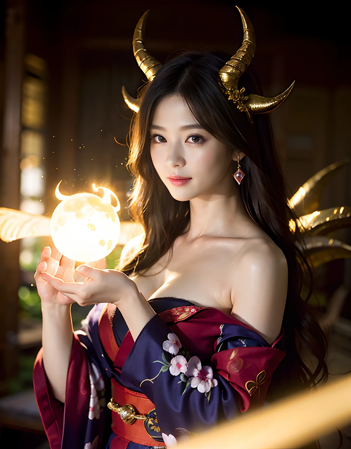 (((masutepiece))),Professional , masterpiece、top-quality、photos realistic , depth of fields 、Raw photo、1a person、glowy skin、(Vibrant poses)、(Black maple on the background of full bloom),(Ultimate Beauty)、A dark-haired、Mystical expression、ultrasharp、(shrine background)、(Kimono with beautiful pattern)、(Midnight background)、Beautiful hair ornament on the head、,(intense fighting),((Precipitous cliffs)),(Wear a beautiful kimono),(Wear a colorful and beautiful kimono)、cleavage of the breast、(Japan Castle Background)、Jewel Gold Weapon、Particles of light),(intense fighting)、Gorgeous gold weapons ,Castle background、(( Gorgeous Dragon Sword)) , (a dark night),,(maikurobikini) 、((Black Haired Beautiful Girl))、Full Body Angle、(Castle background)、(demonic wings)、((Gangle's forest background))、Beautiful Caucasian beauty、1a person、dynamic ungle,(((Two devil's horns on the head)))、Smaller head、Idle Smile、Thin and beautiful female hands、Mystical expression、Light Effects、intense fighting、Wind-effect、magic circles、With the legendary magic wand、Dragon's tail、Anatomically correct fingers、Full Body Angle、Anatomically correct number of fingers、