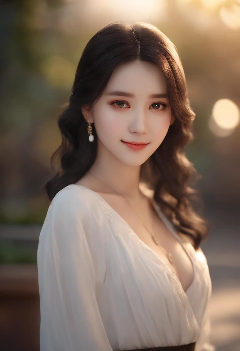 Masterpiece,Best quality,offcial art,Extremely detailed Cg Unity 8K wallpaper,1girll, Love students,pretty,An extremely delicate and beautiful,超高分辨率, (Photorealistic:1.4), ,Golden hour lighting,,(Upper body), (platinum short hair:0.8), ((Puffy eyes)), view the viewer, facing front, Smiling, Laughing,JK skirt, White dress,Shirtlift, Long black hair