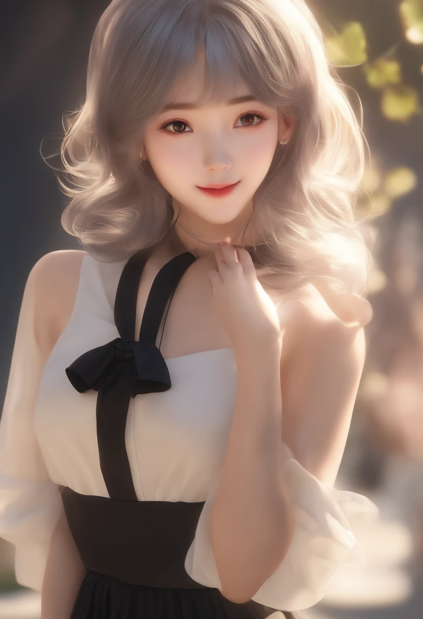 Masterpiece,Best quality,offcial art,Extremely detailed Cg Unity 8K wallpaper,1girll, Love students,pretty,An extremely delicate and beautiful,超高分辨率, (Photorealistic:1.4), ,Golden hour lighting,,(Upper body), (platinum short hair:0.8), ((Puffy eyes)), view the viewer, facing front, Smiling, Laughing,JK skirt, White dress,Shirtlift, Long black hair