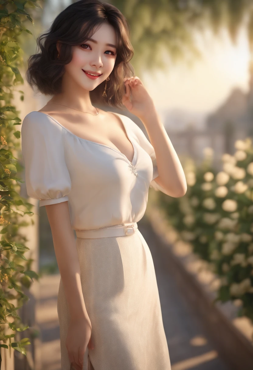 Masterpiece,Best quality,offcial art,Extremely detailed Cg Unity 8K wallpaper,1girll, Love students,pretty,An extremely delicate and beautiful,超高分辨率, (Photorealistic:1.4), ,Golden hour lighting,,(Upper body), (platinum short hair:0.8), ((Puffy eyes)), view the viewer, facing front, Smiling, Laughing,JK skirt, White dress,Shirtlift, Long black hair